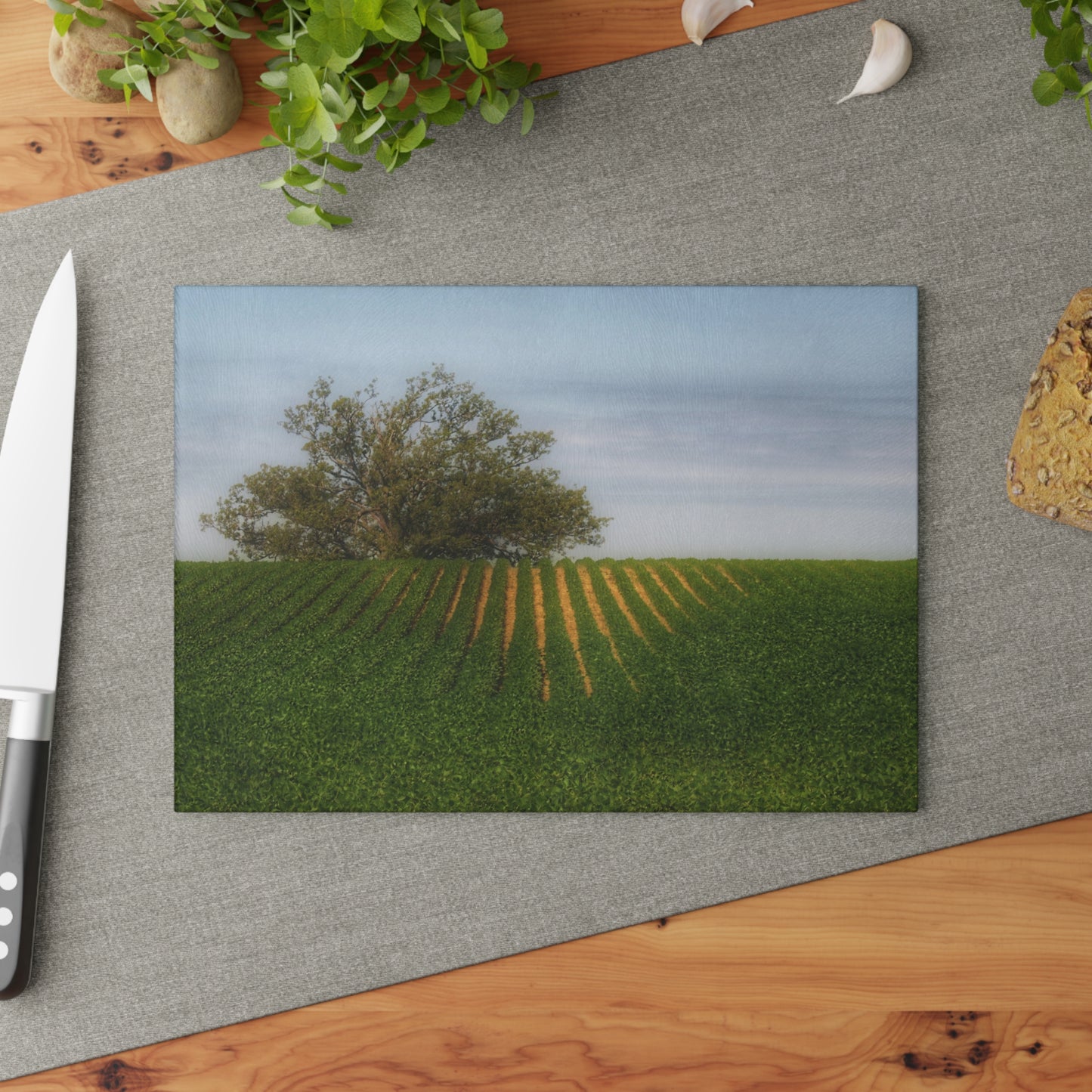 U R There Photography Tree Overlooking Farm Field Rustic Farmhouse Tempered-Glass Cutting Board