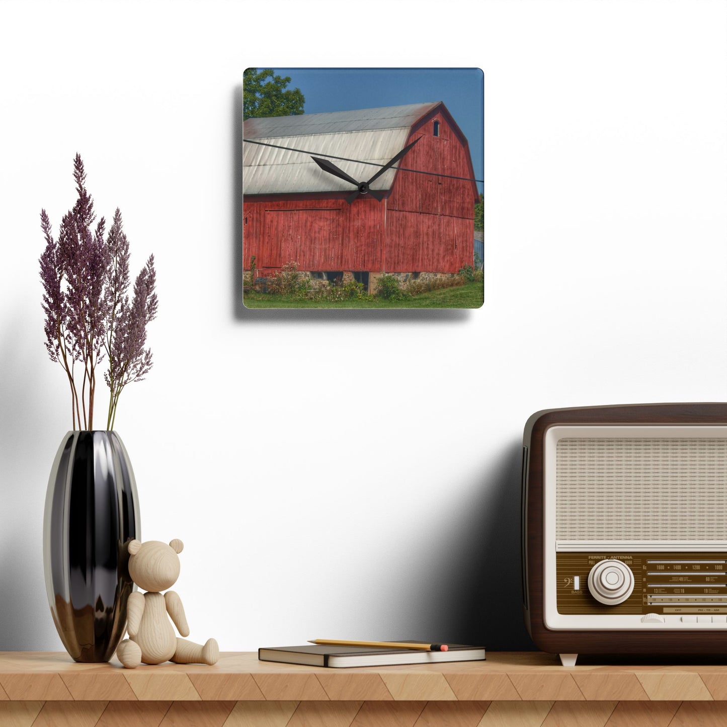 U R There Photography Belsay Road Red Rustic Farmhouse Acrylic Analog Wall Clock