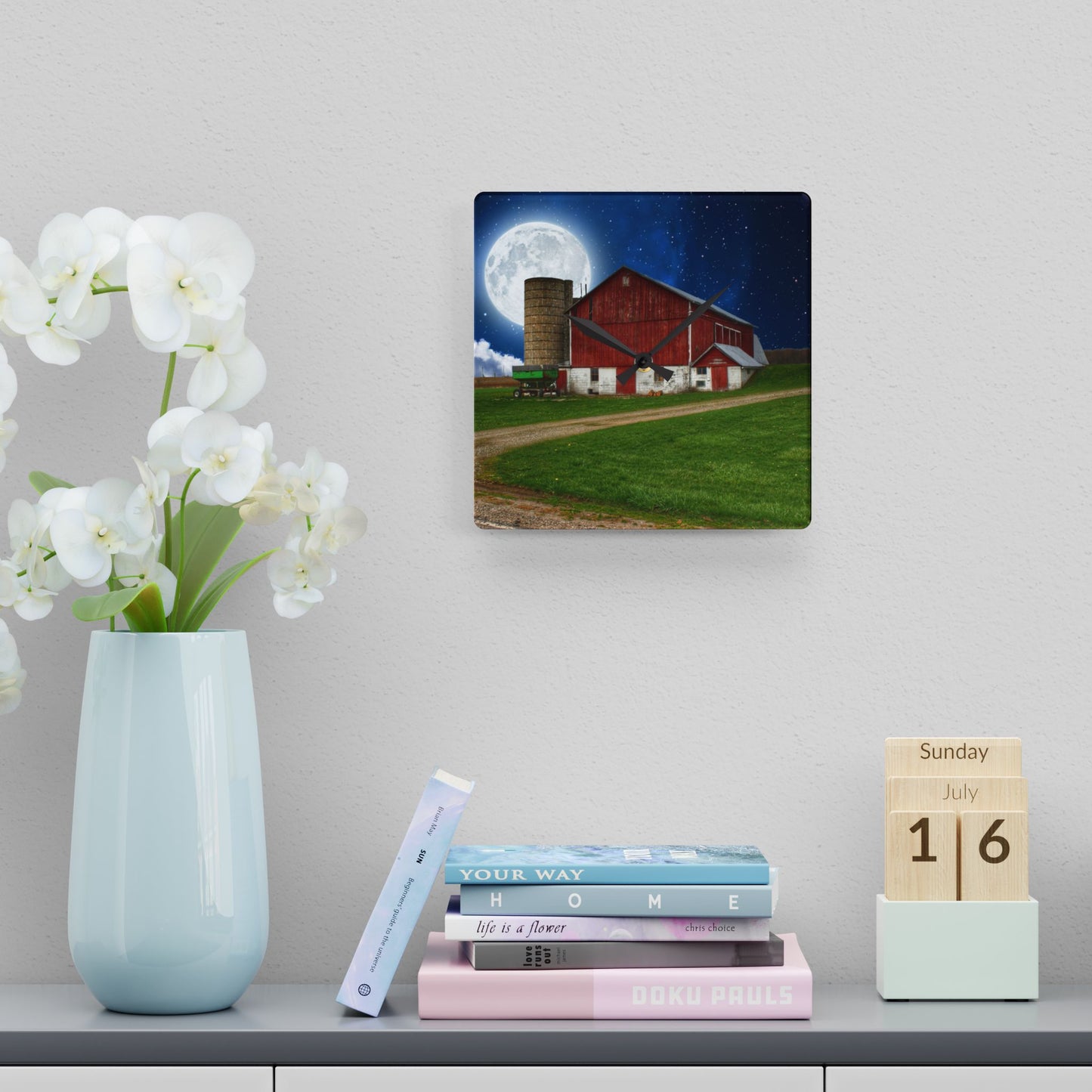 U R There Photography Fostoria Red in the Moonlight Rustic Farmhouse Acrylic Analog Wall Clock