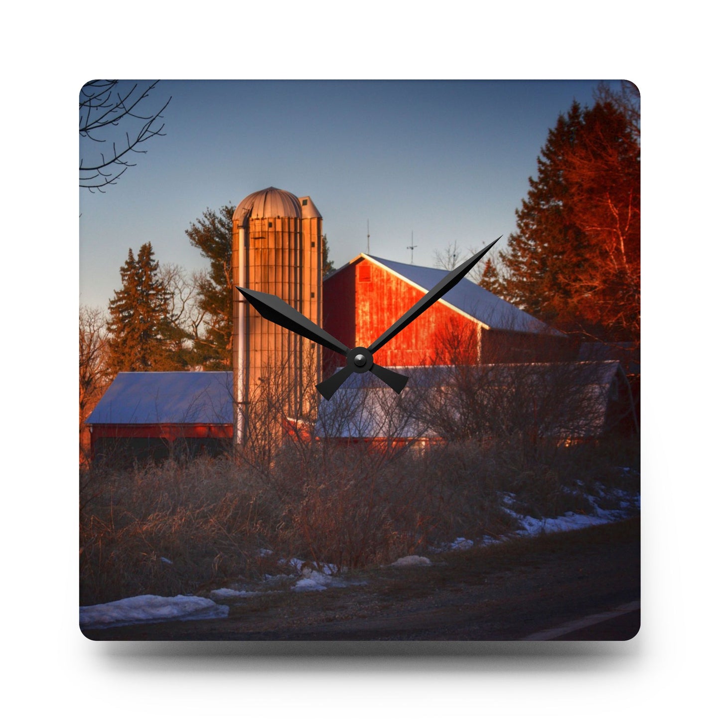 U R There Photography Mount Morris Road Reds and Silo in Winter Rustic Farmhouse Acrylic Analog Wall Clock