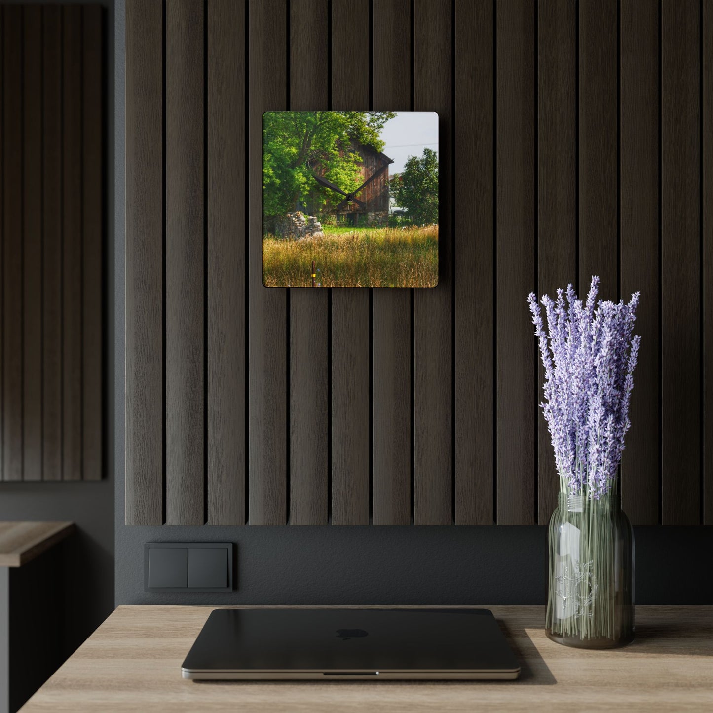 U R There Photography Lum Hidden Fieldstone Red Rustic Farmhouse Acrylic Analog Wall Clock