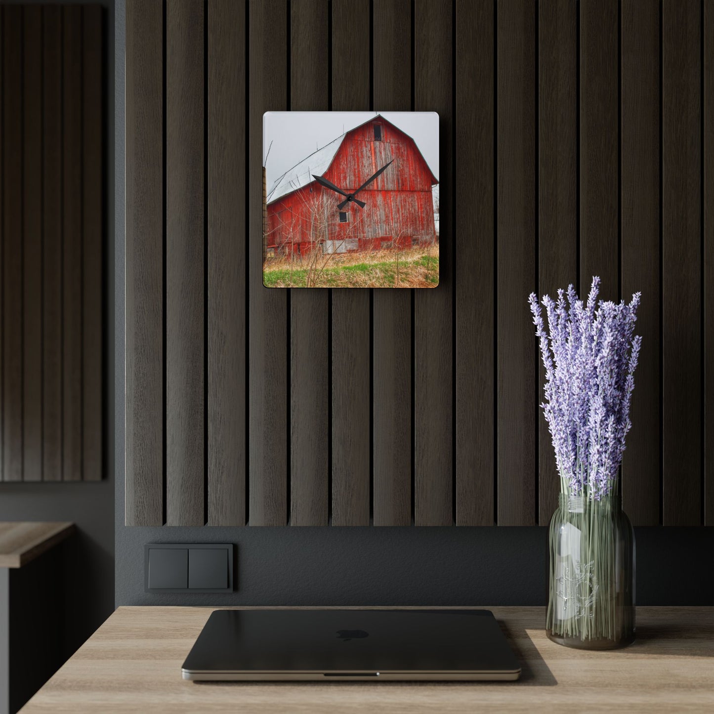 U R There Photography Columbiaville Red 2020 Rustic Farmhouse Acrylic Analog Wall Clock