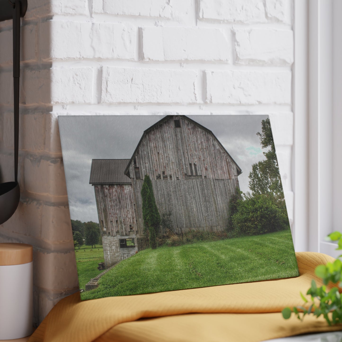 U R There Photography Dequindre Road Grey III Rustic Farmhouse Tempered-Glass Cutting Board