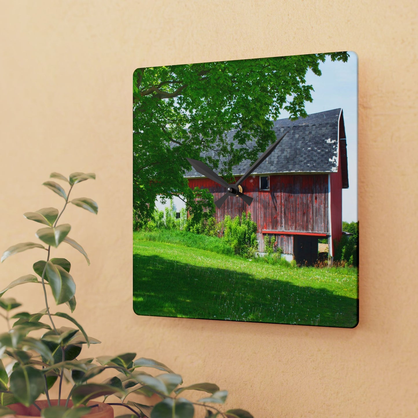 U R There Photography Colwood Road Red Rustic Farmhouse Acrylic Analog Wall Clock