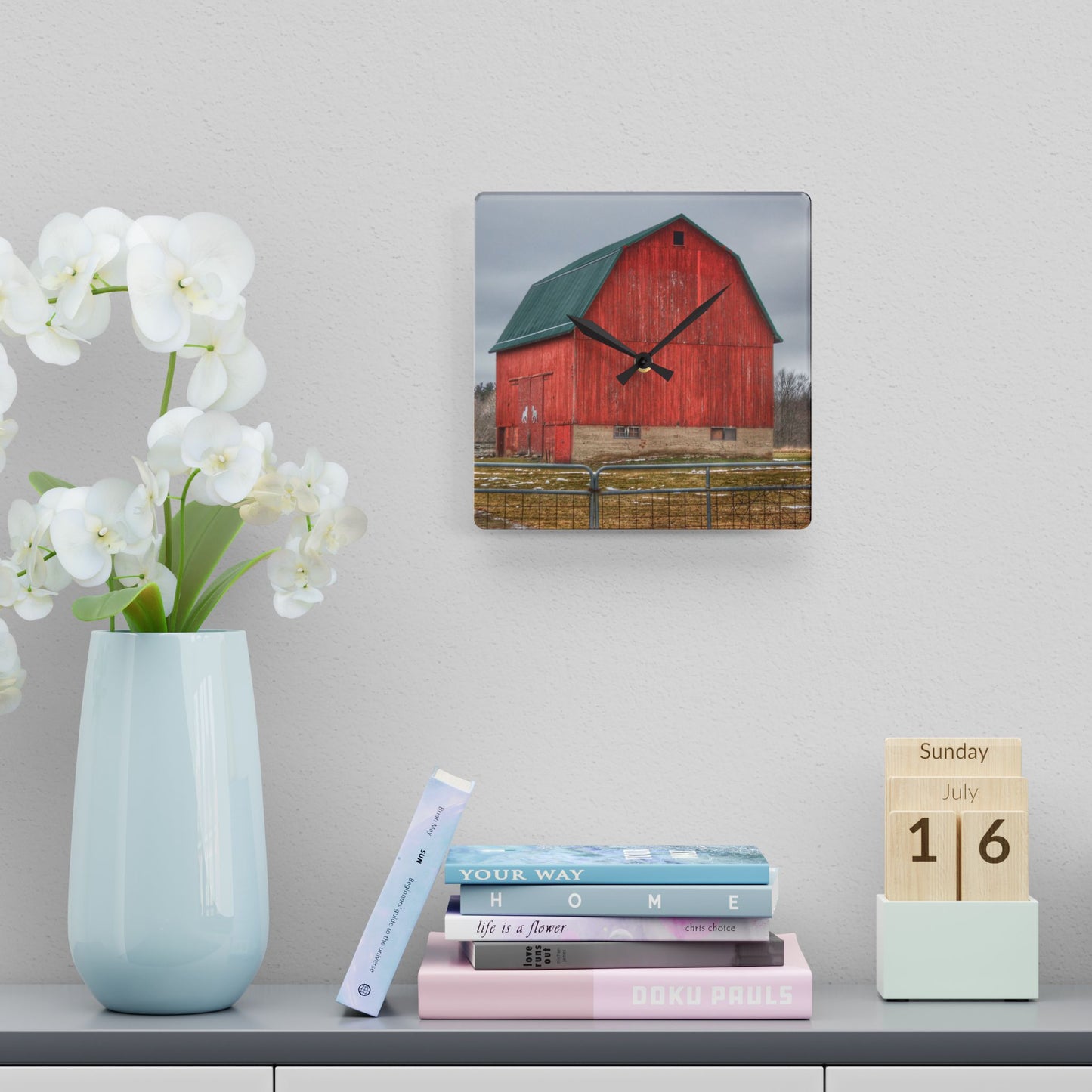 U R There Photography Lonsberry Red Rustic Farmhouse Acrylic Analog Wall Clock