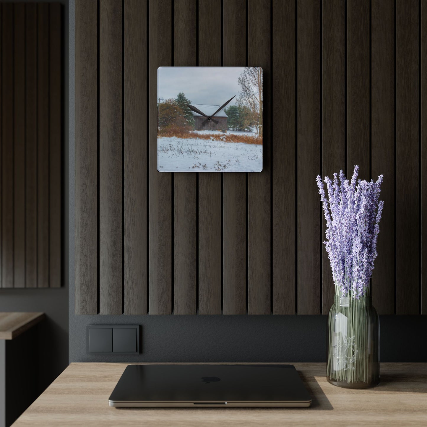 U R There Photography Hosner Road Grey in Winter Rustic Farmhouse Acrylic Analog Wall Clock