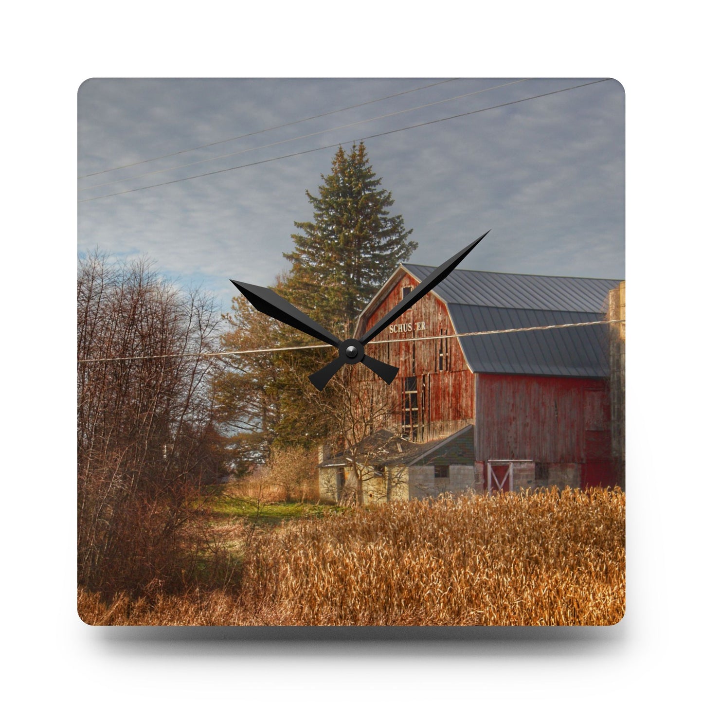 U R There Photography Otter Lake Road Red I Rustic Farmhouse Acrylic Analog Wall Clock