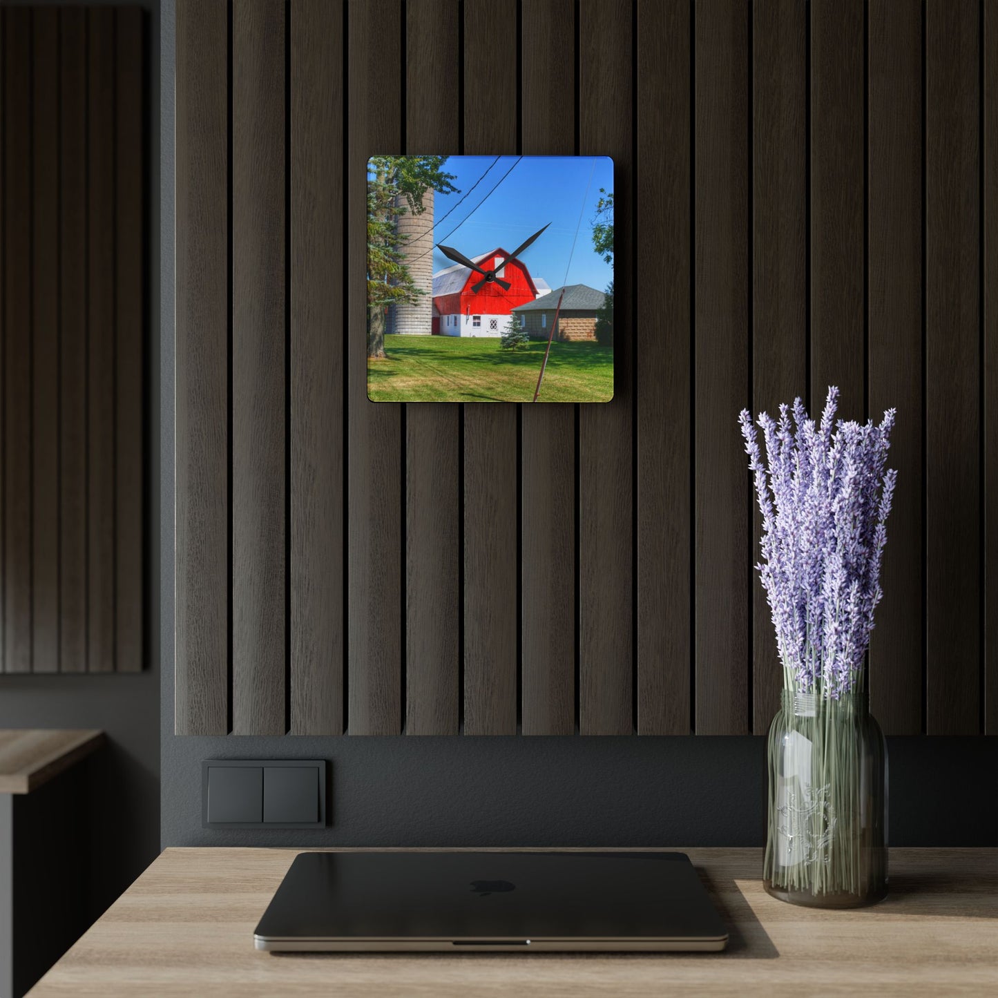 U R There Photography East Lake Road Red and Little Grey Rustic Farmhouse Acrylic Analog Wall Clock