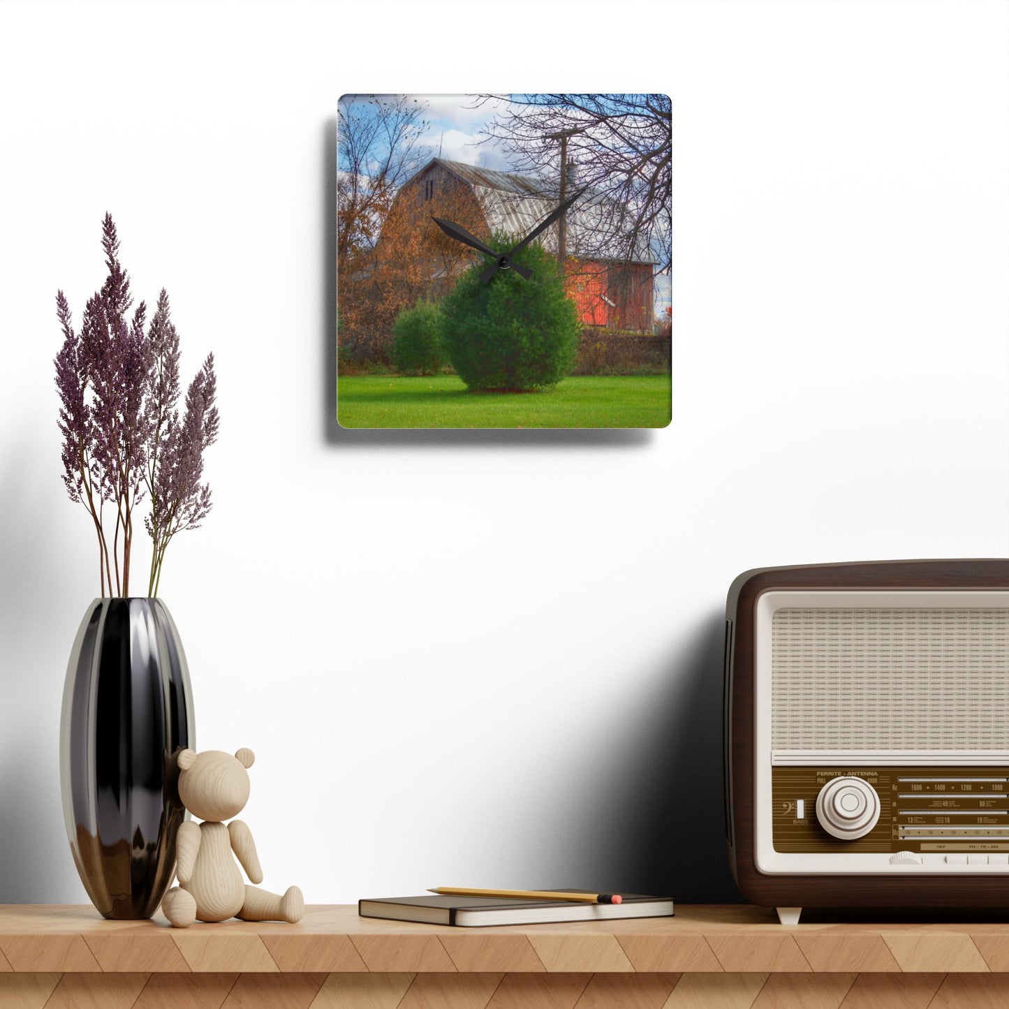 U R There Photography Millis Road Hidden Red Rustic Farmhouse Acrylic Analog Wall Clock