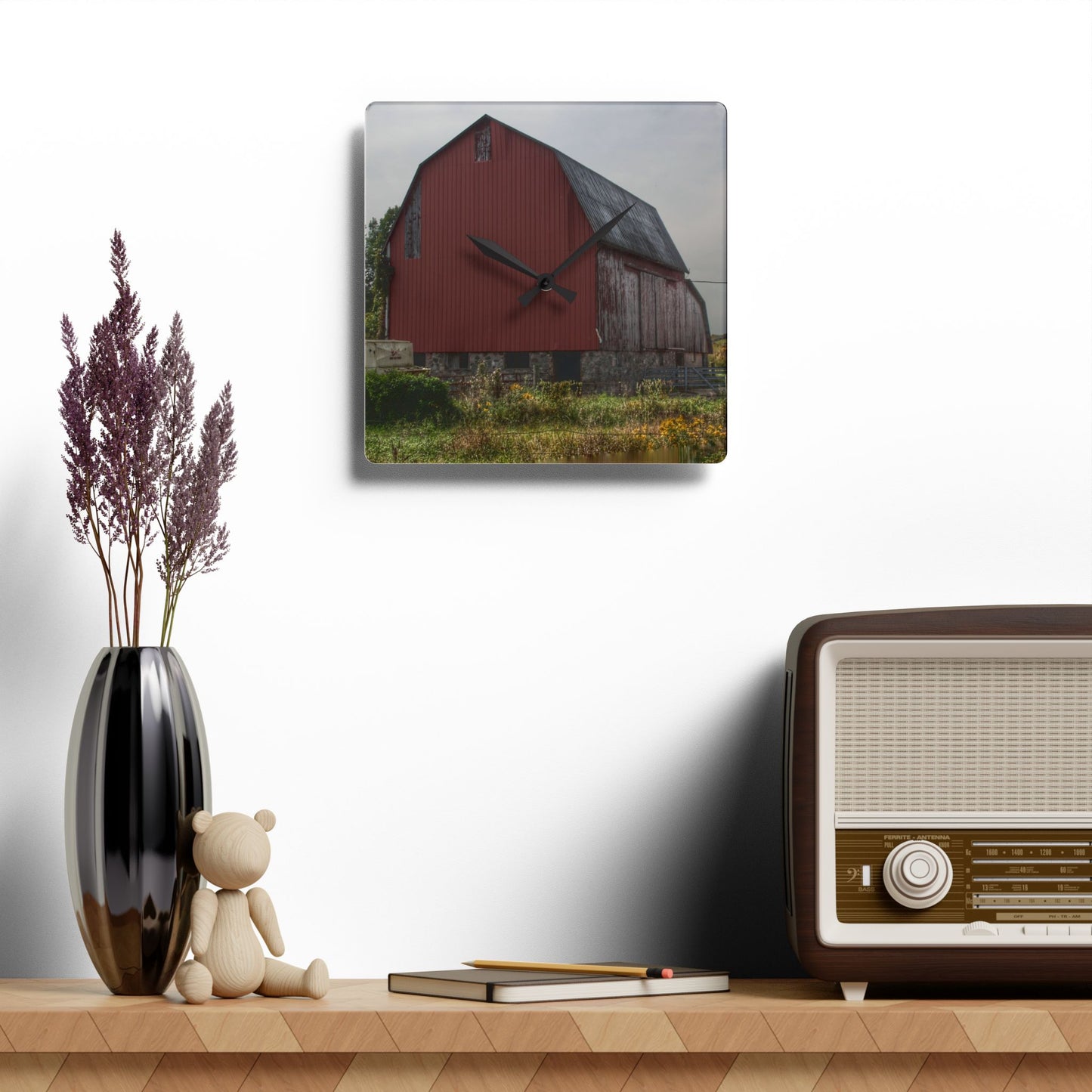 U R There Photography Roadside Stone Red Rustic Farmhouse Acrylic Analog Wall Clock