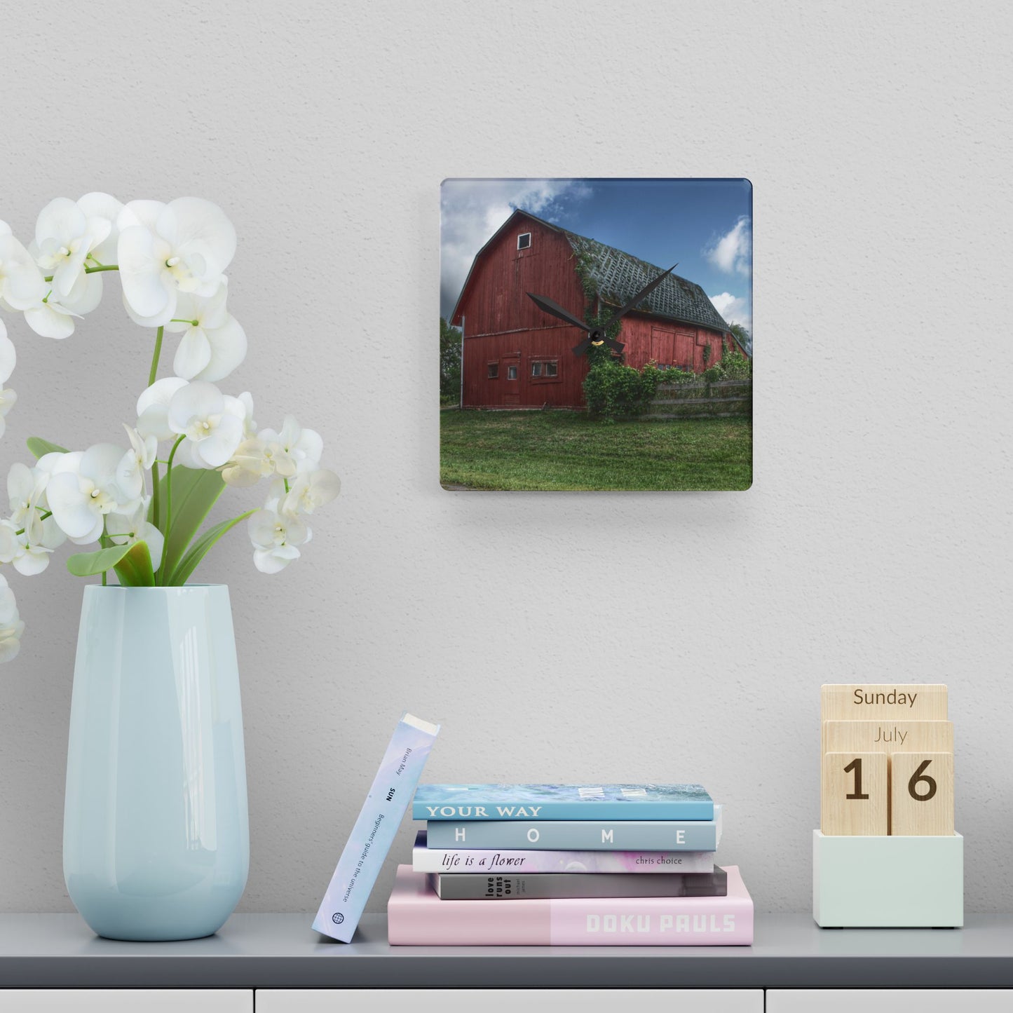 U R There Photography Hegal Road Old Red I Rustic Farmhouse Acrylic Analog Wall Clock