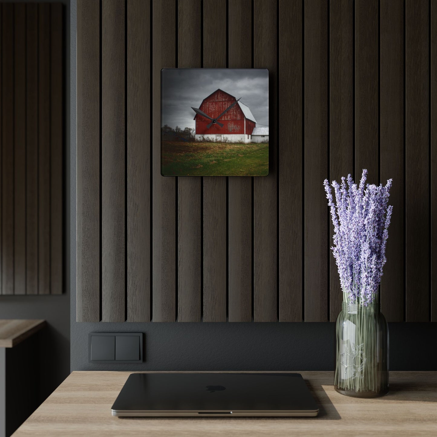 U R There Photography Mills Road Red II Rustic Farmhouse Acrylic Analog Wall Clock