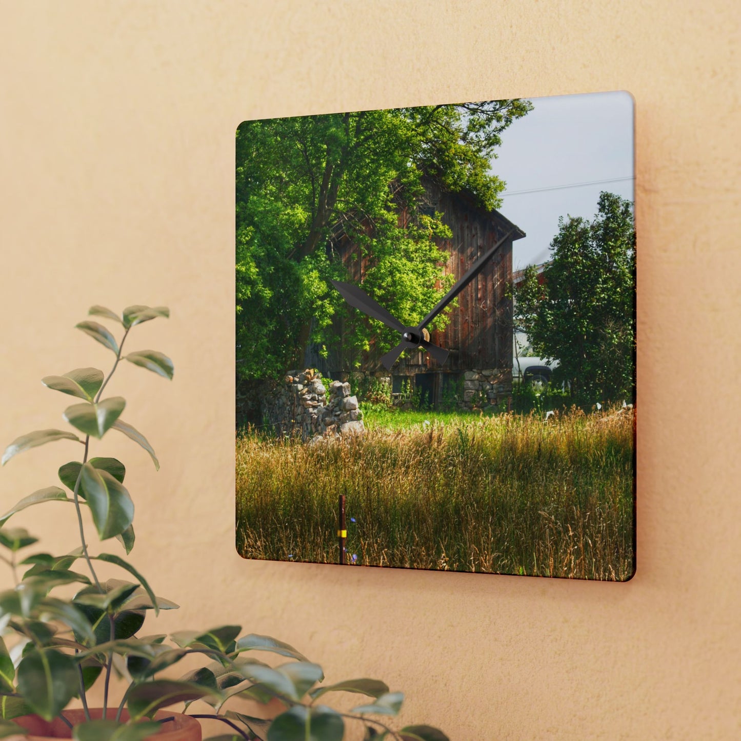 U R There Photography Lum Hidden Fieldstone Red Rustic Farmhouse Acrylic Analog Wall Clock