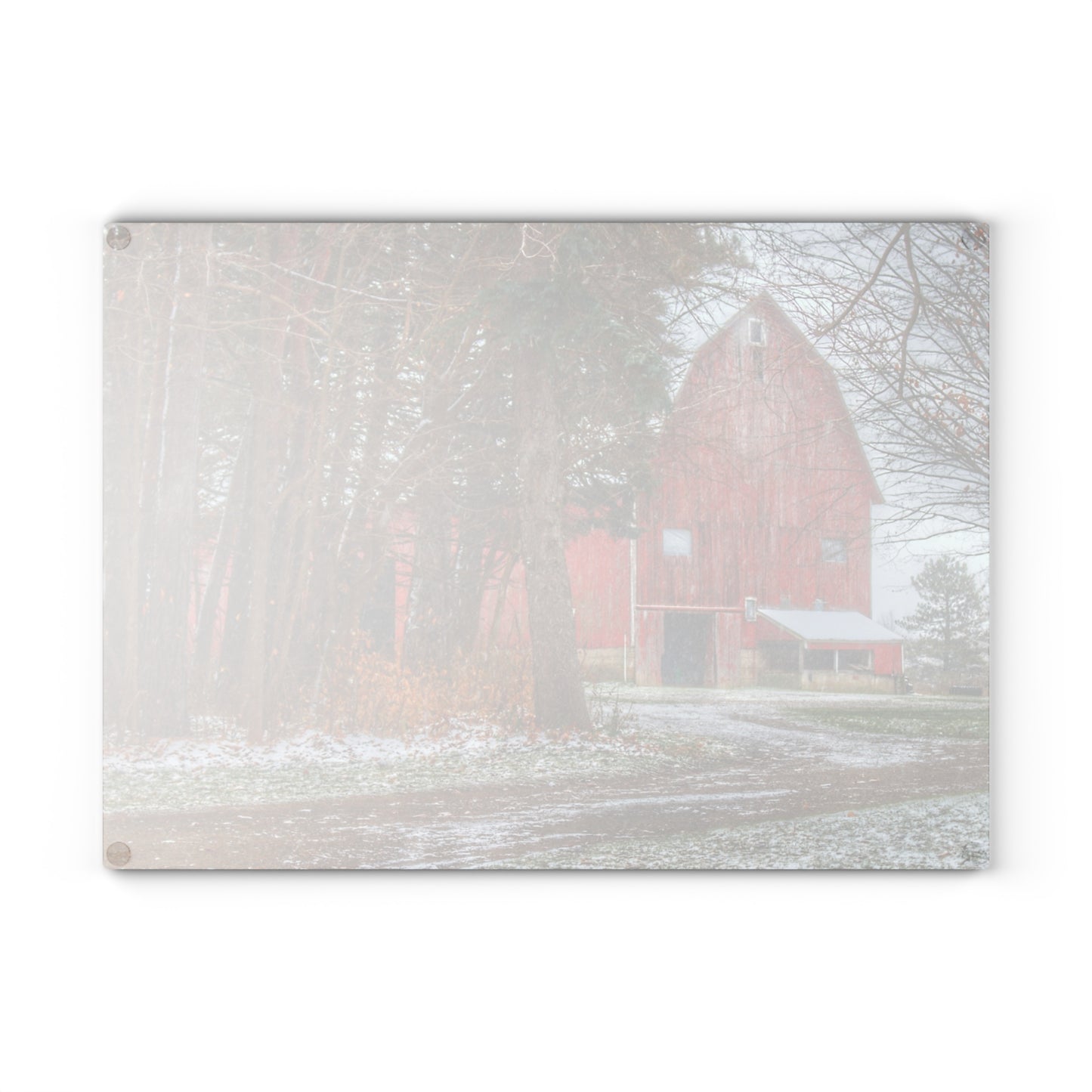 U R There Photography Tubspring Road Hidden Winter Red Rustic Farmhouse Tempered-Glass Cutting Board