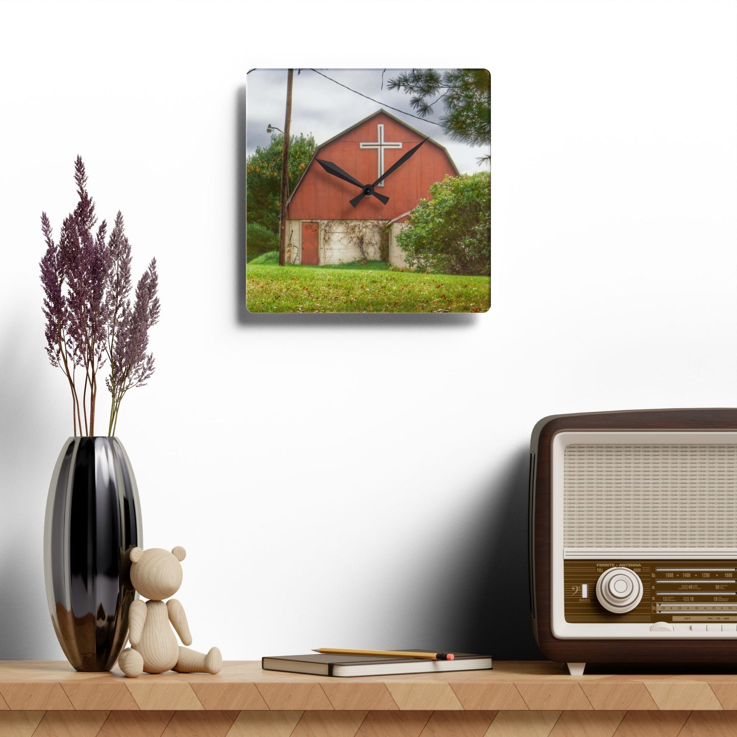 U R There Photography Flint River Road Cross Barn Rustic Farmhouse Acrylic Analog Wall Clock