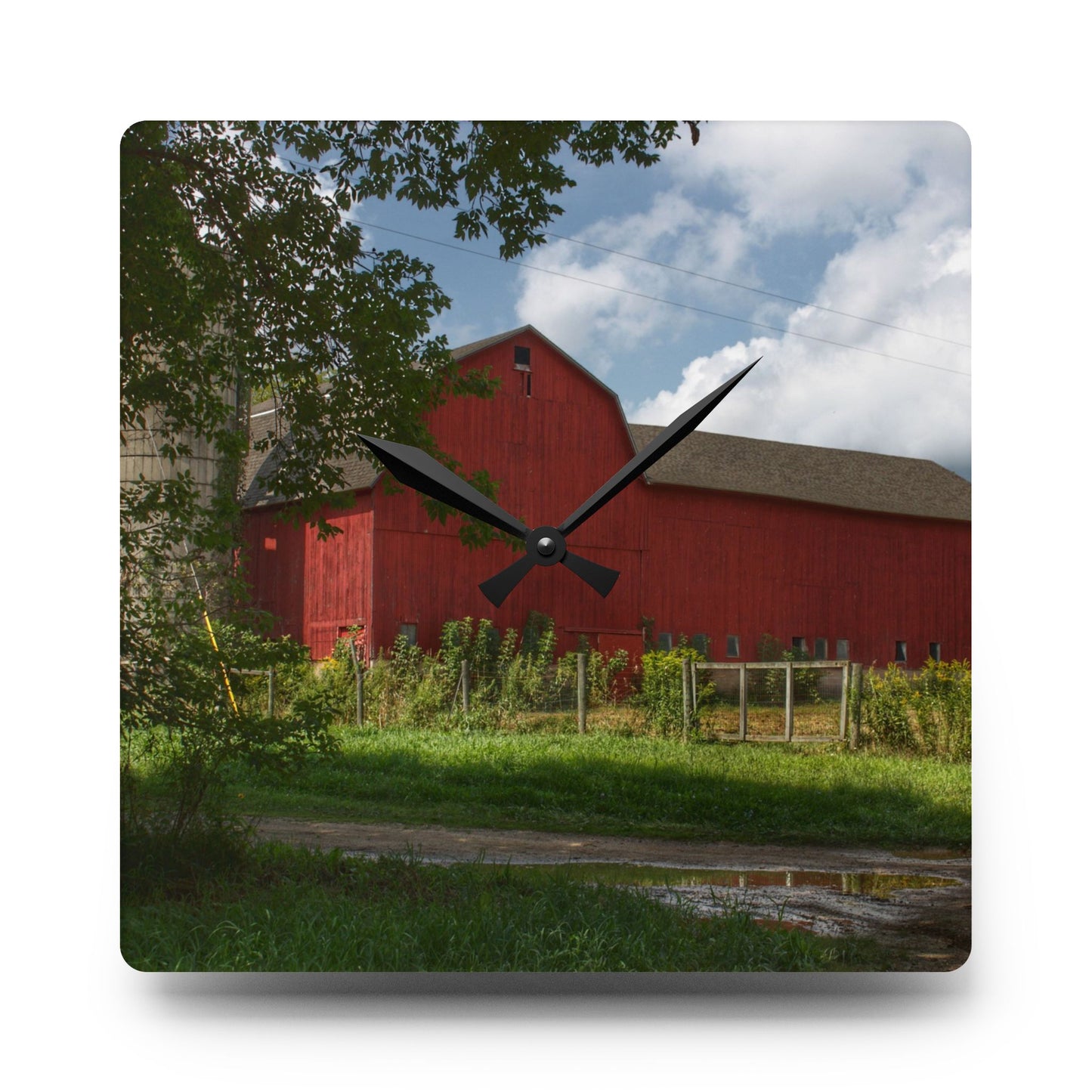 U R There Photography Metamora Road Red Rustic Farmhouse Acrylic Analog Wall Clock