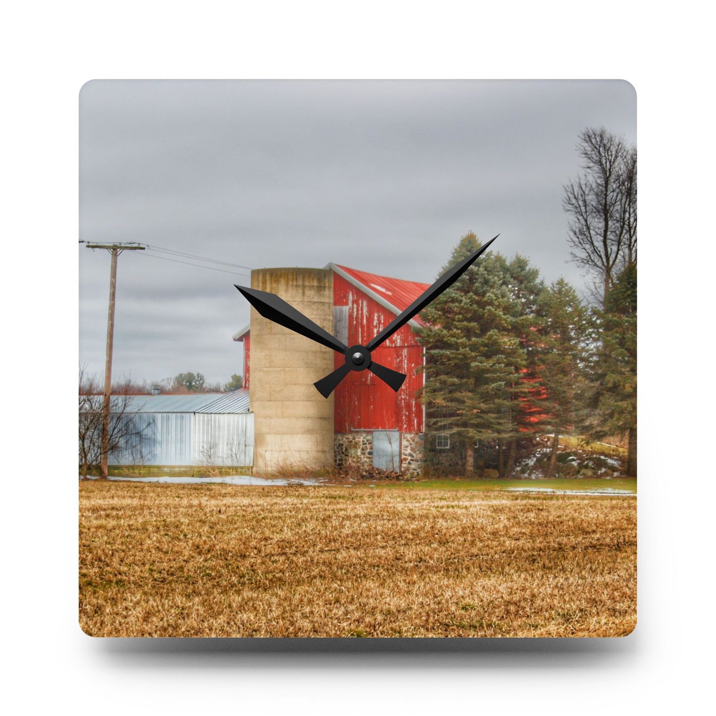U R There Photography Laur Road Red Among the Pines I Rustic Farmhouse Acrylic Analog Wall Clock