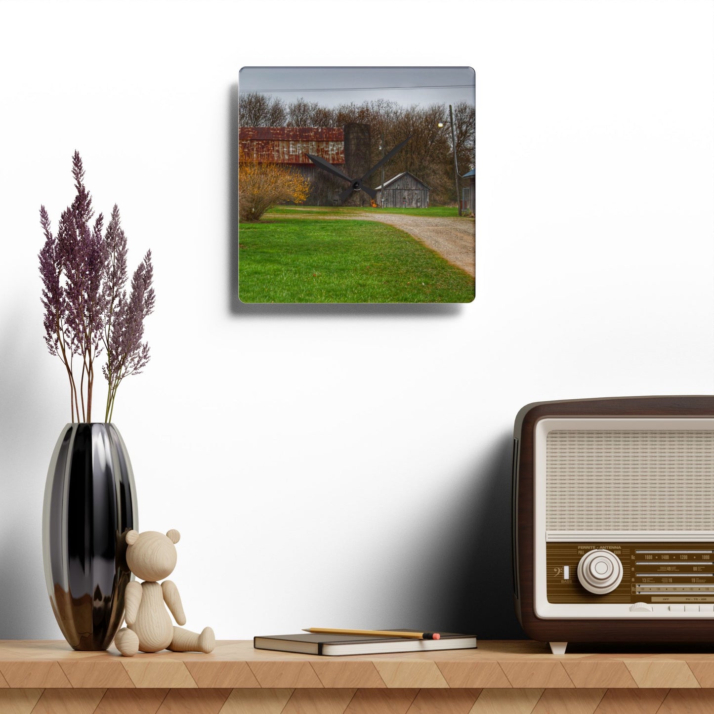 U R There Photography South Summers Road Rusted and Little Grey Rustic Farmhouse Acrylic Analog Wall Clock