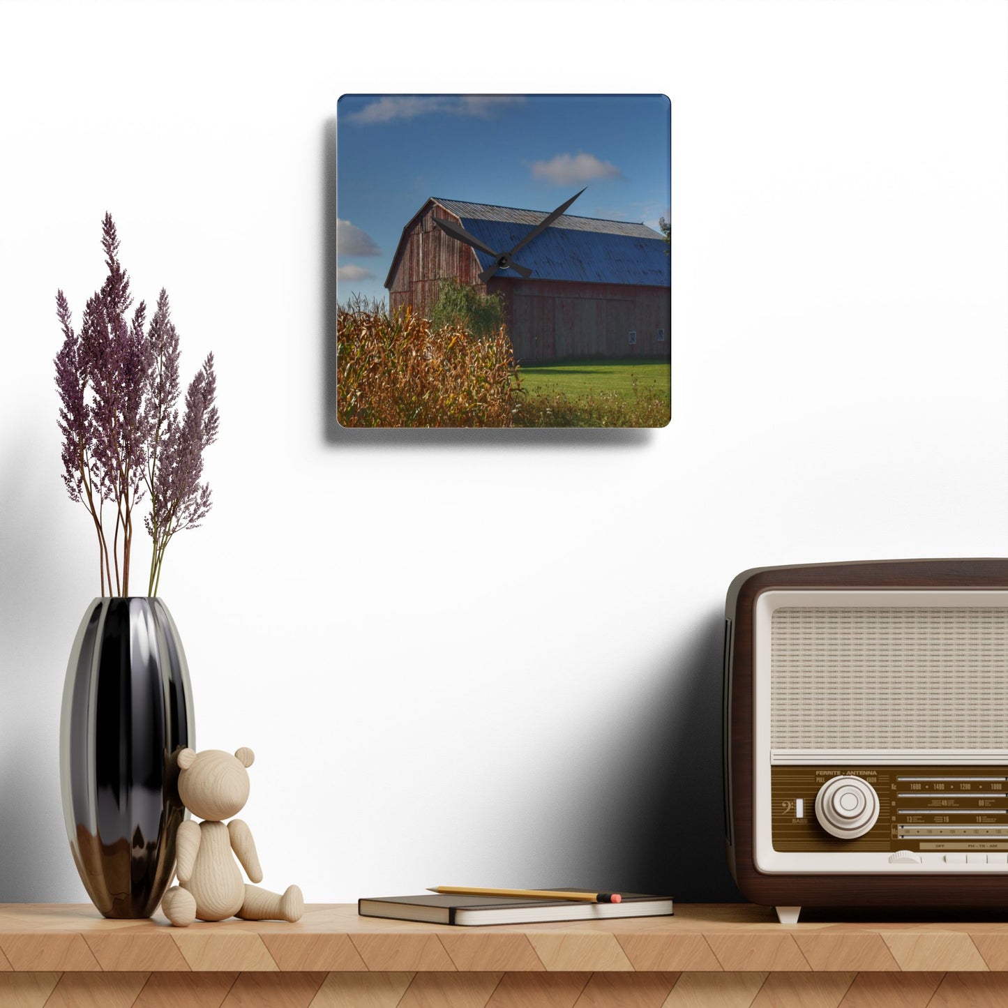 U R There Photography Croswell Fargo Road Red Rustic Farmhouse Acrylic Analog Wall Clock