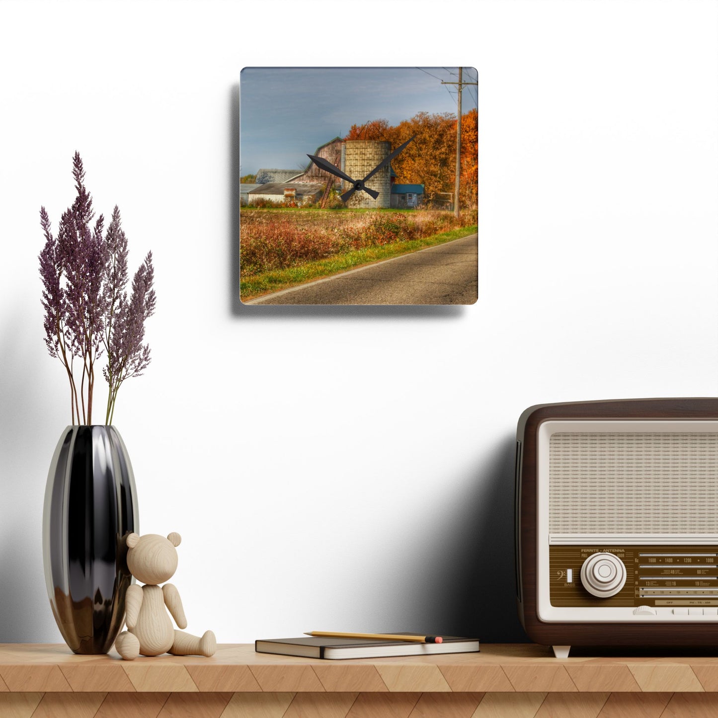 U R There Photography Plumb Creek Road Red in Fall II Rustic Farmhouse Acrylic Analog Wall Clock