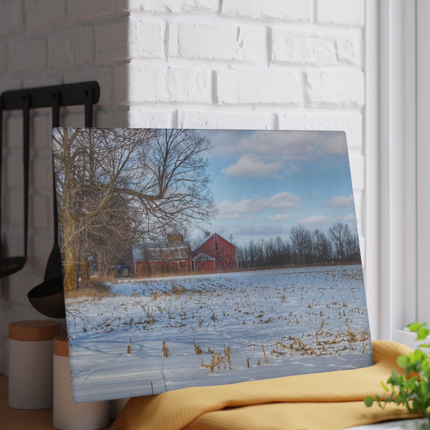 U R There Photography Across Barnes Road Frozen Cornfield Rustic Farmhouse Tempered-Glass Cutting Board