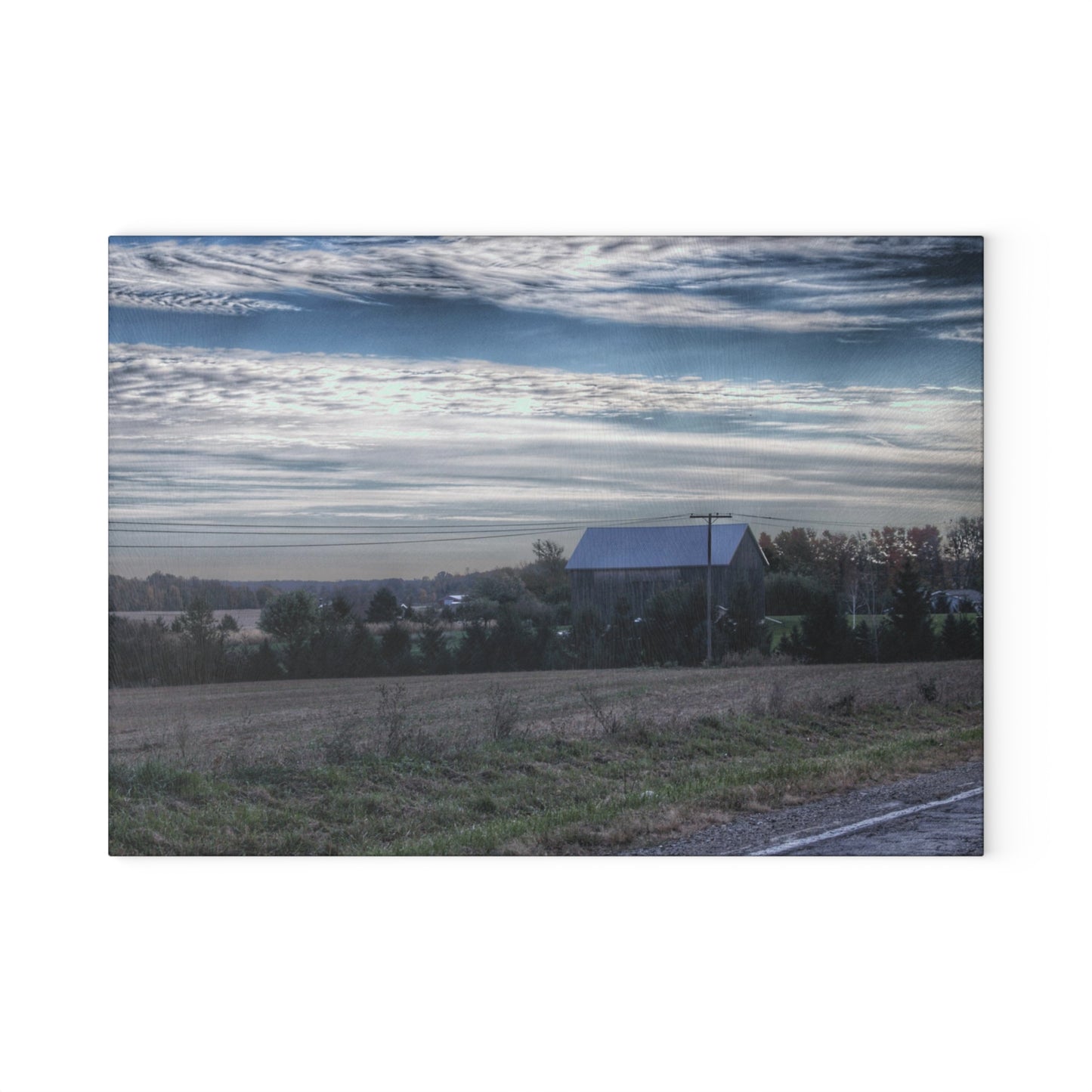 U R There Photography Burnside Road Grey Blues Rustic Farmhouse Tempered-Glass Cutting Board 8"x 11"
