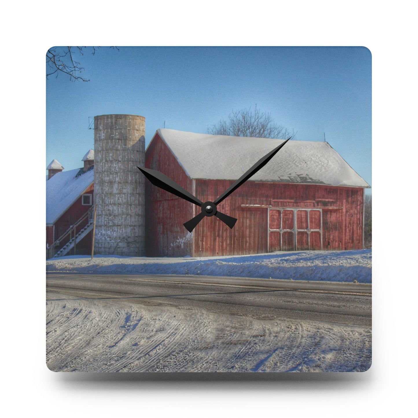 U R There Photography Metamora Red in Winter Rustic Farmhouse Acrylic Analog Wall Clock