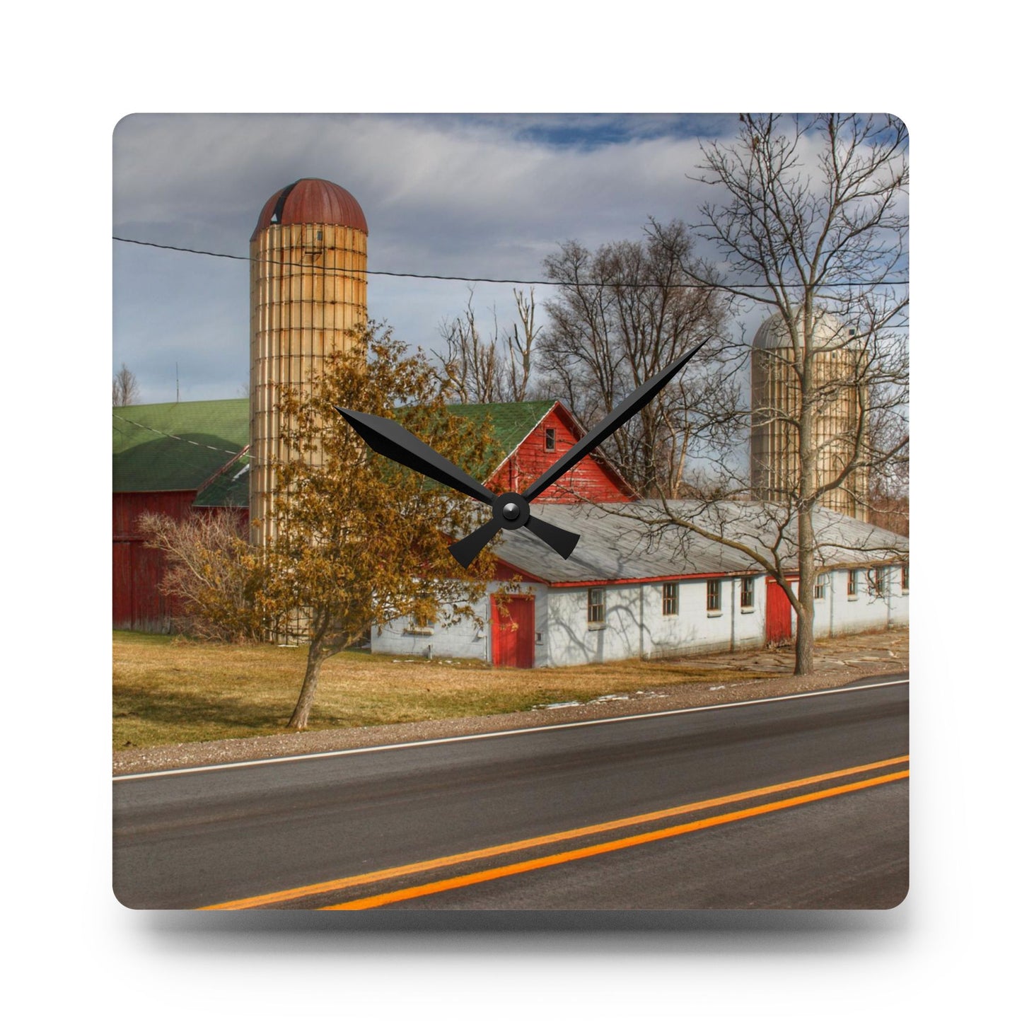 U R There Photography Newark Road Red and Silos III Rustic Farmhouse Acrylic Analog Wall Clock