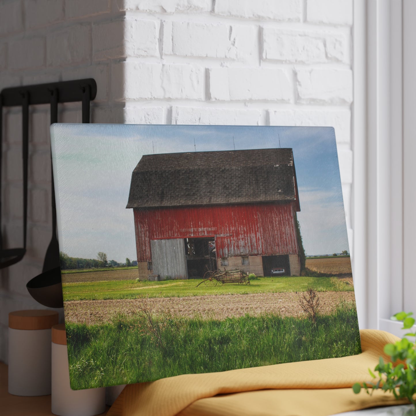 U R There Photography Unionville Elmwood Road Red I Rustic Farmhouse Tempered-Glass Cutting Board