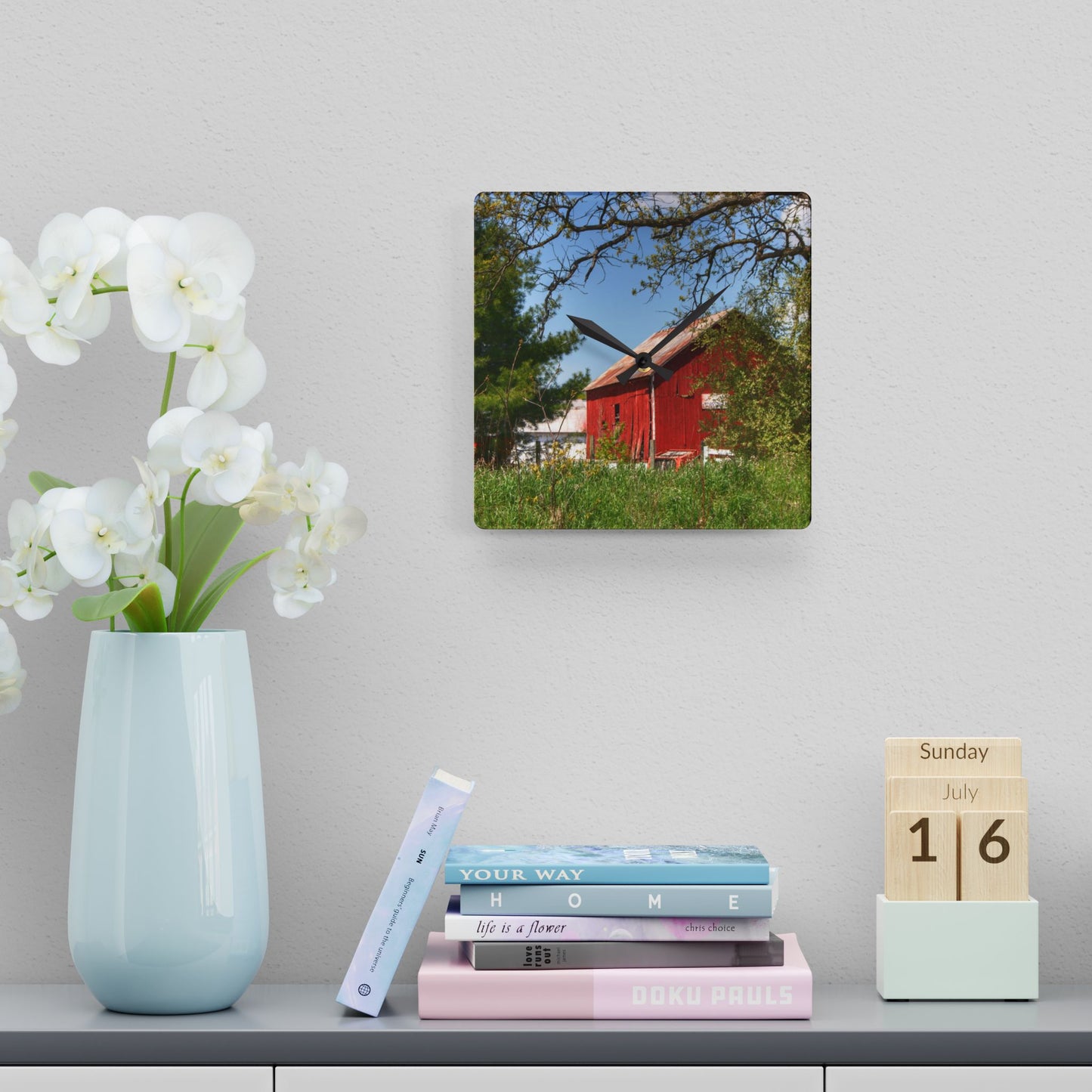 U R There Photography Bronson Lake Road Barn at the Bend Rustic Farmhouse Acrylic Analog Wall Clock