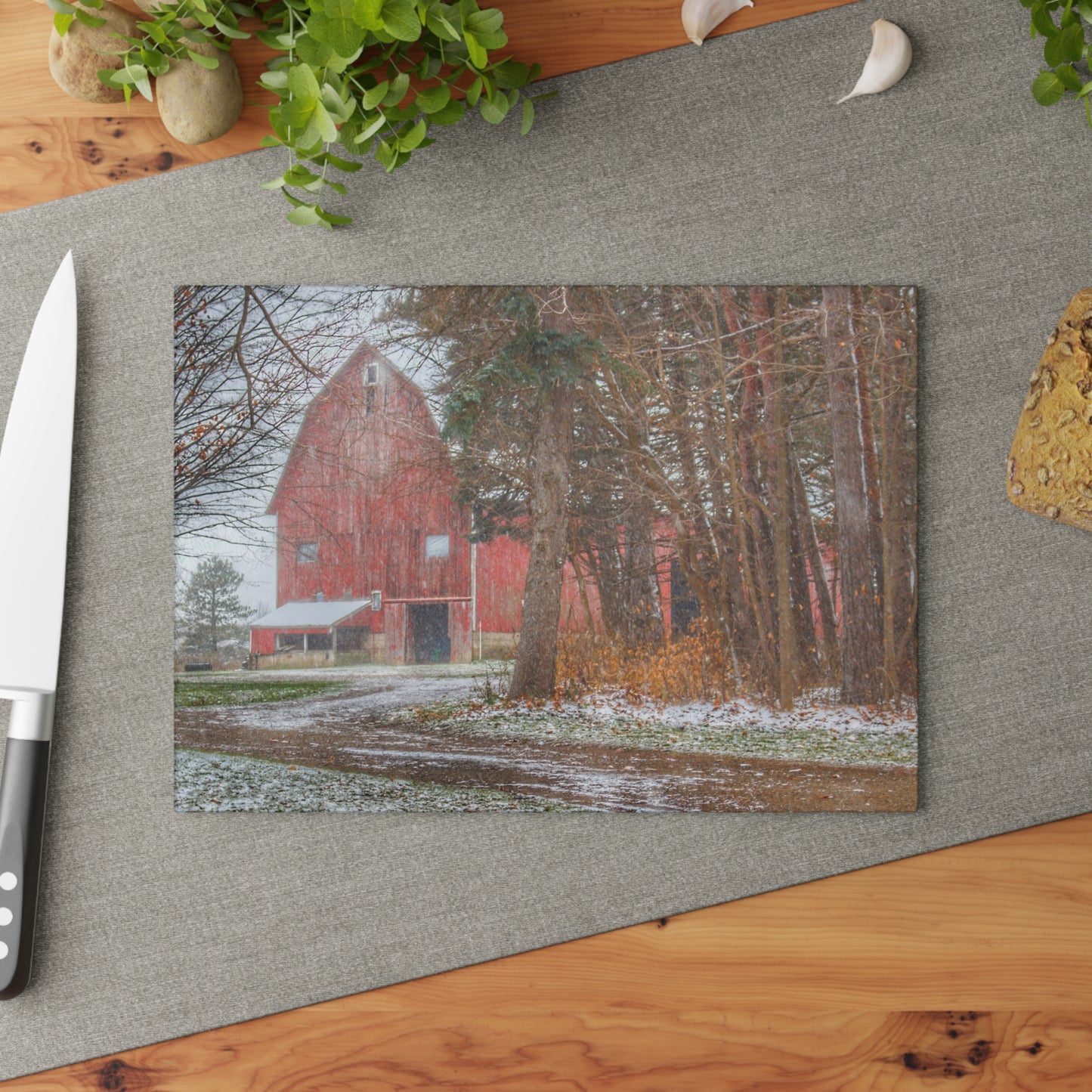 U R There Photography Tubspring Road Hidden Winter Red Rustic Farmhouse Tempered-Glass Cutting Board