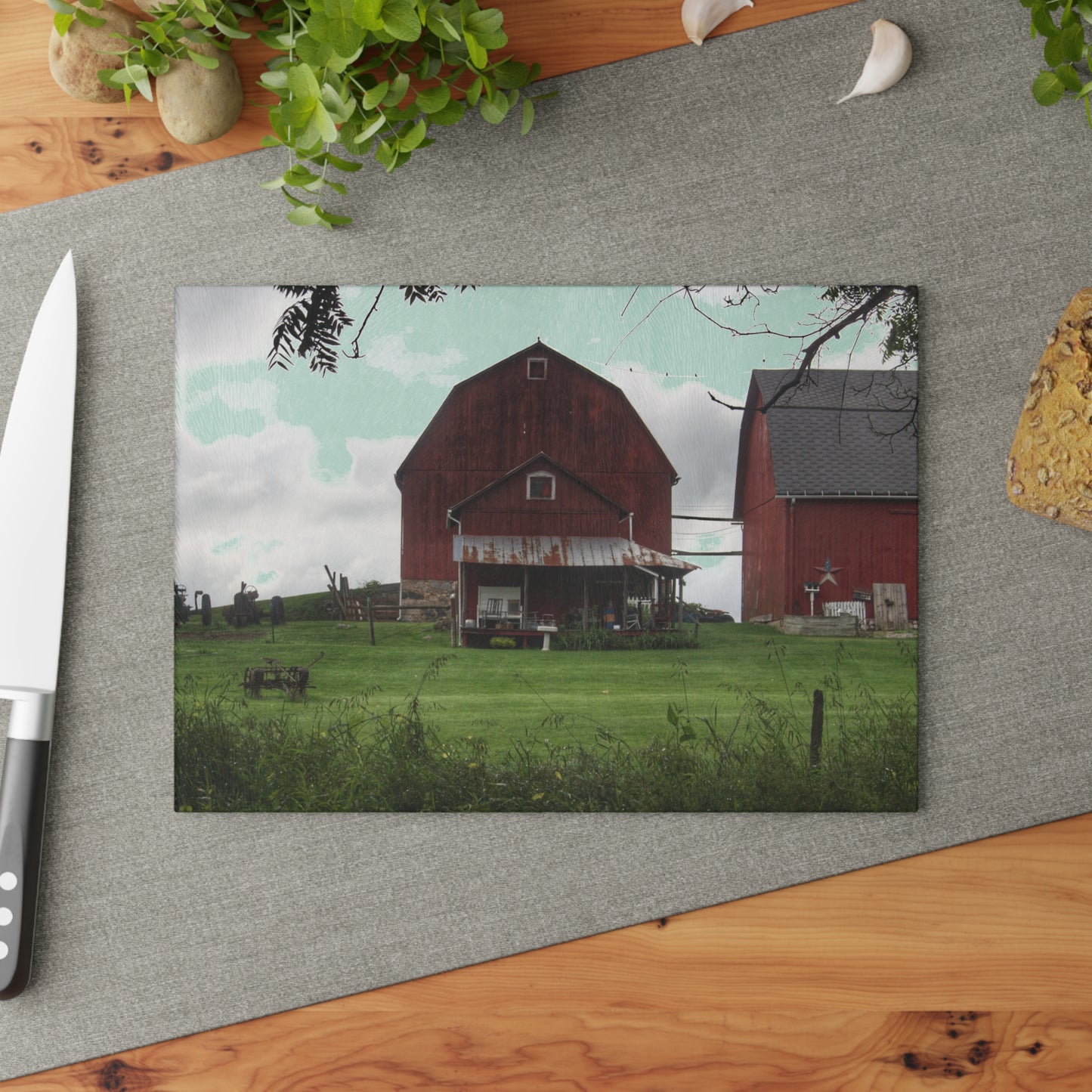 U R There Photography Bishop Road Reds II Rustic Farmhouse Tempered-Glass Cutting Board 8"x 11"