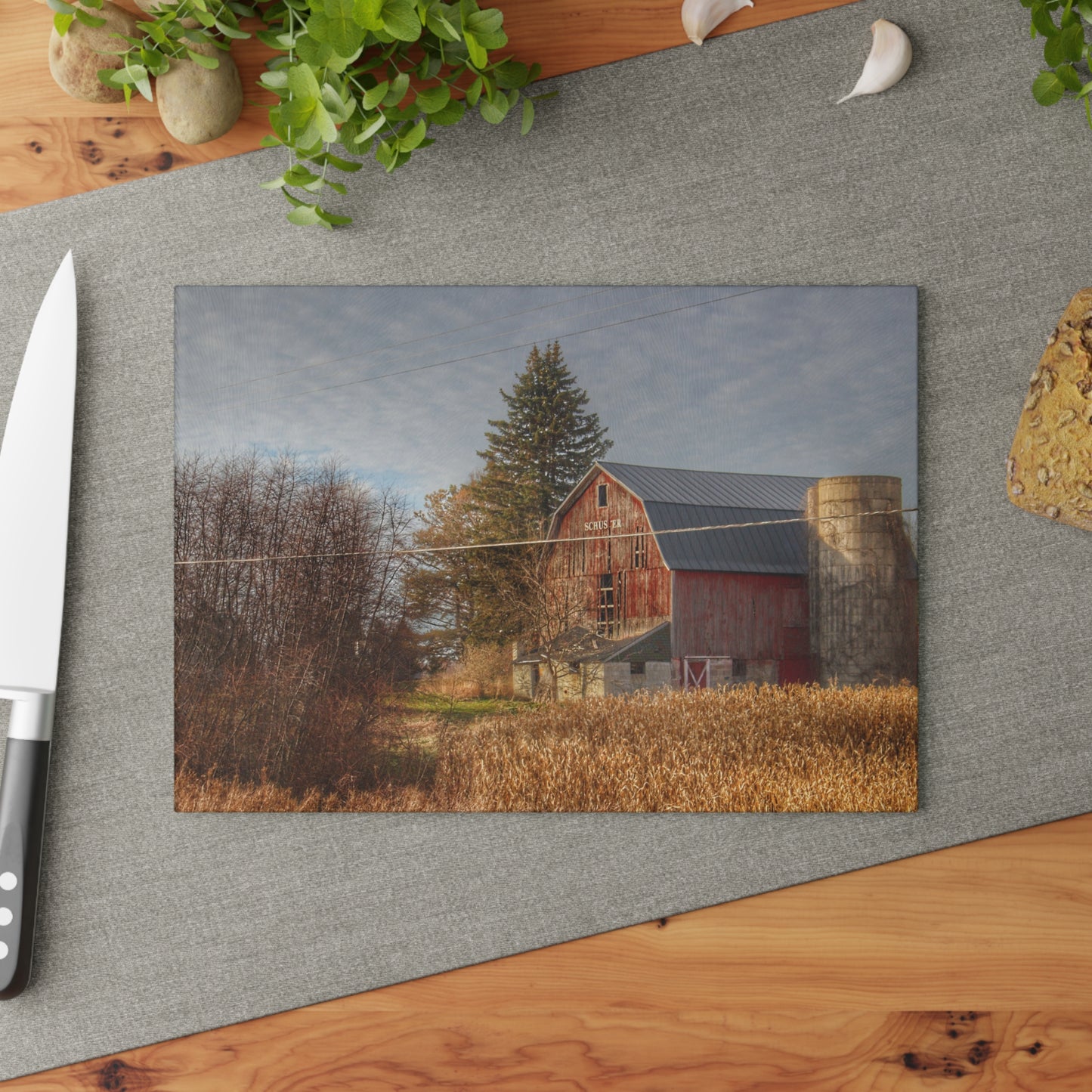 U R There Photography Otter Lake Road Red I Rustic Farmhouse Tempered-Glass Cutting Board