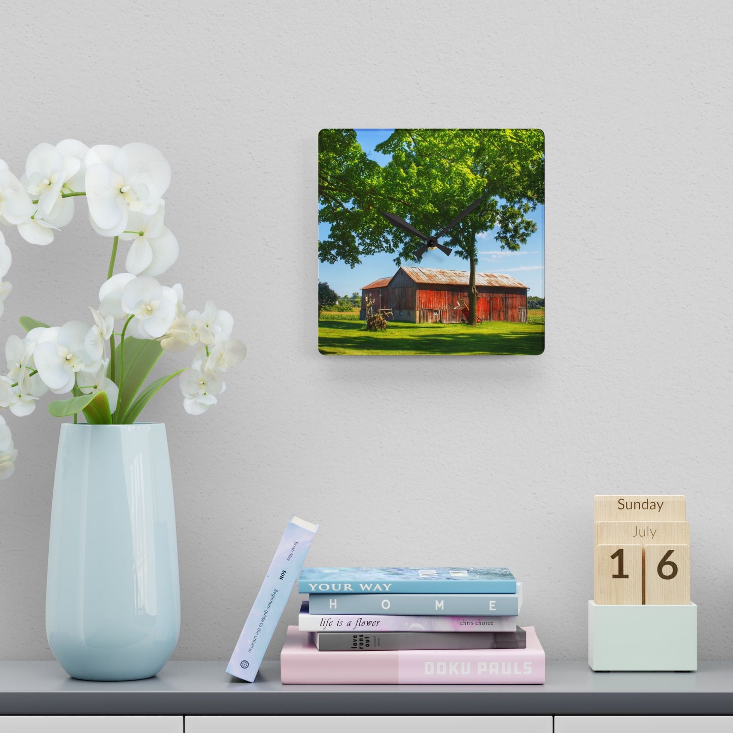U R There Photography Hunters Creek Little Red Cow Barn Rustic Farmhouse Acrylic Analog Wall Clock