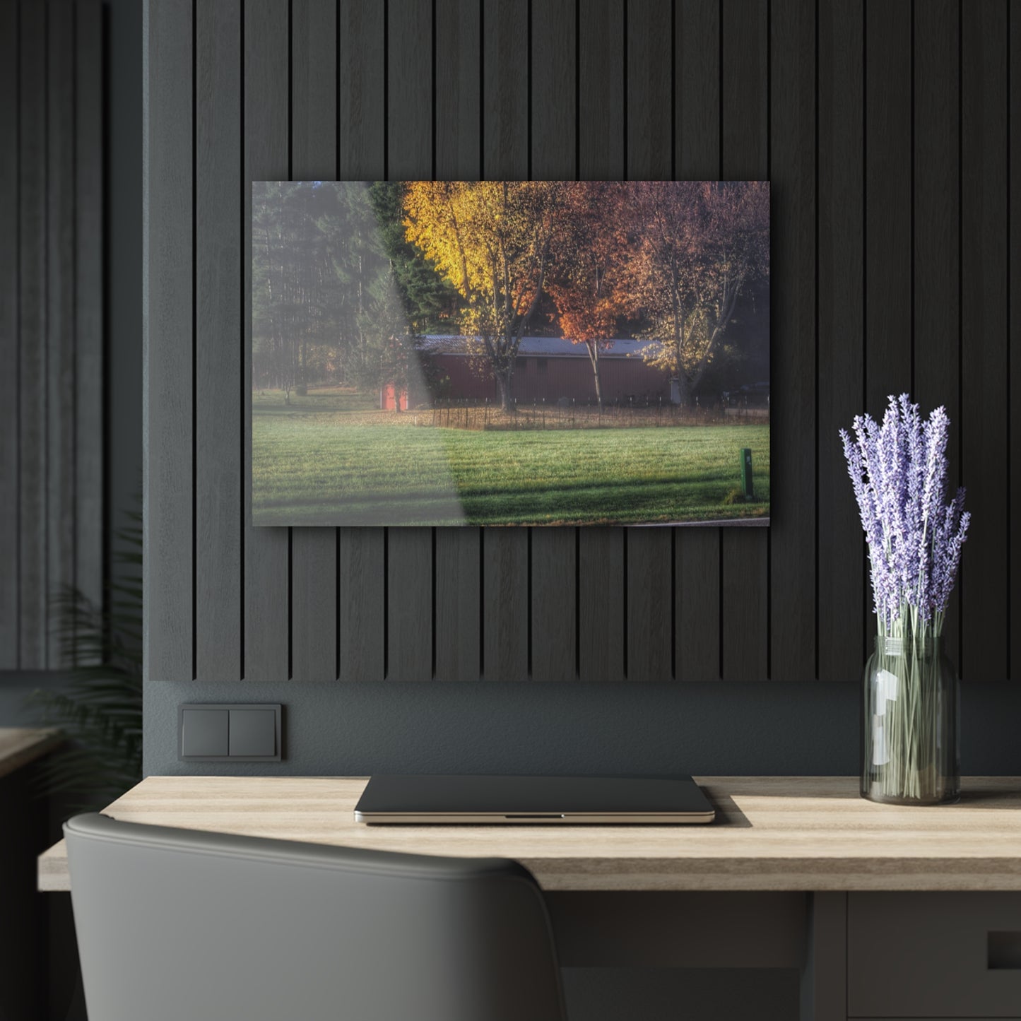 U R There Photography Red Barn on Foggy Fall Morning Rustic Farmhouse Acrylic Wall Print