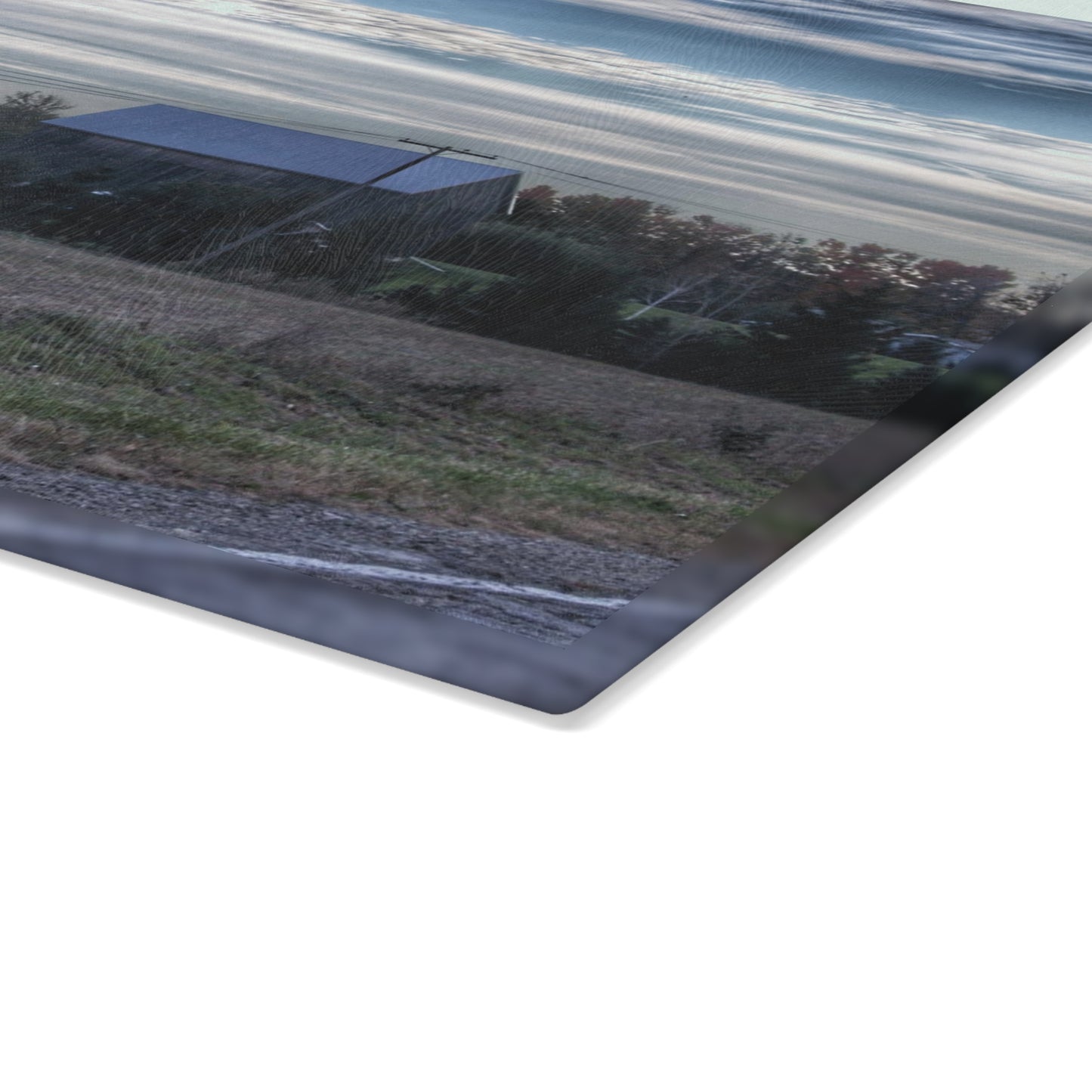 U R There Photography Burnside Road Grey Blues Rustic Farmhouse Tempered-Glass Cutting Board 8"x 11"