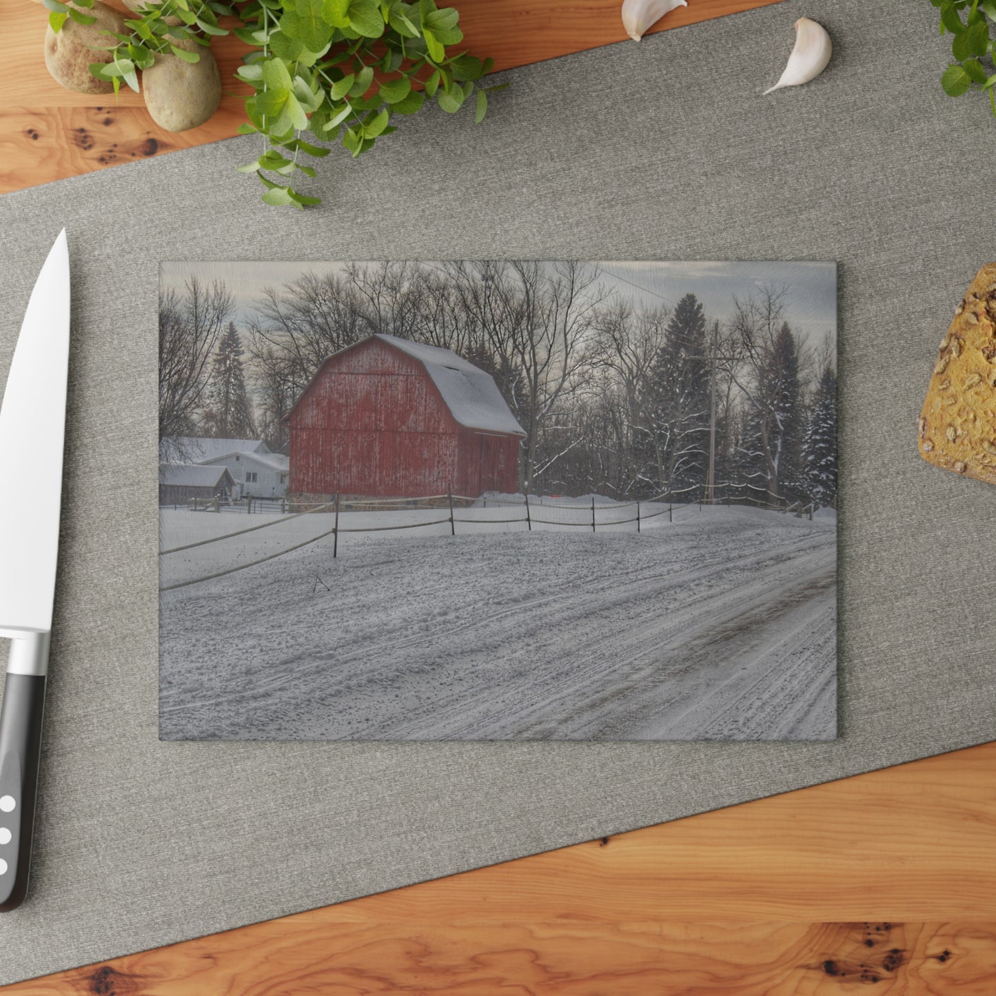 U R There Photography Phillips Road Winter Red Rustic Farmhouse Tempered-Glass Cutting Board