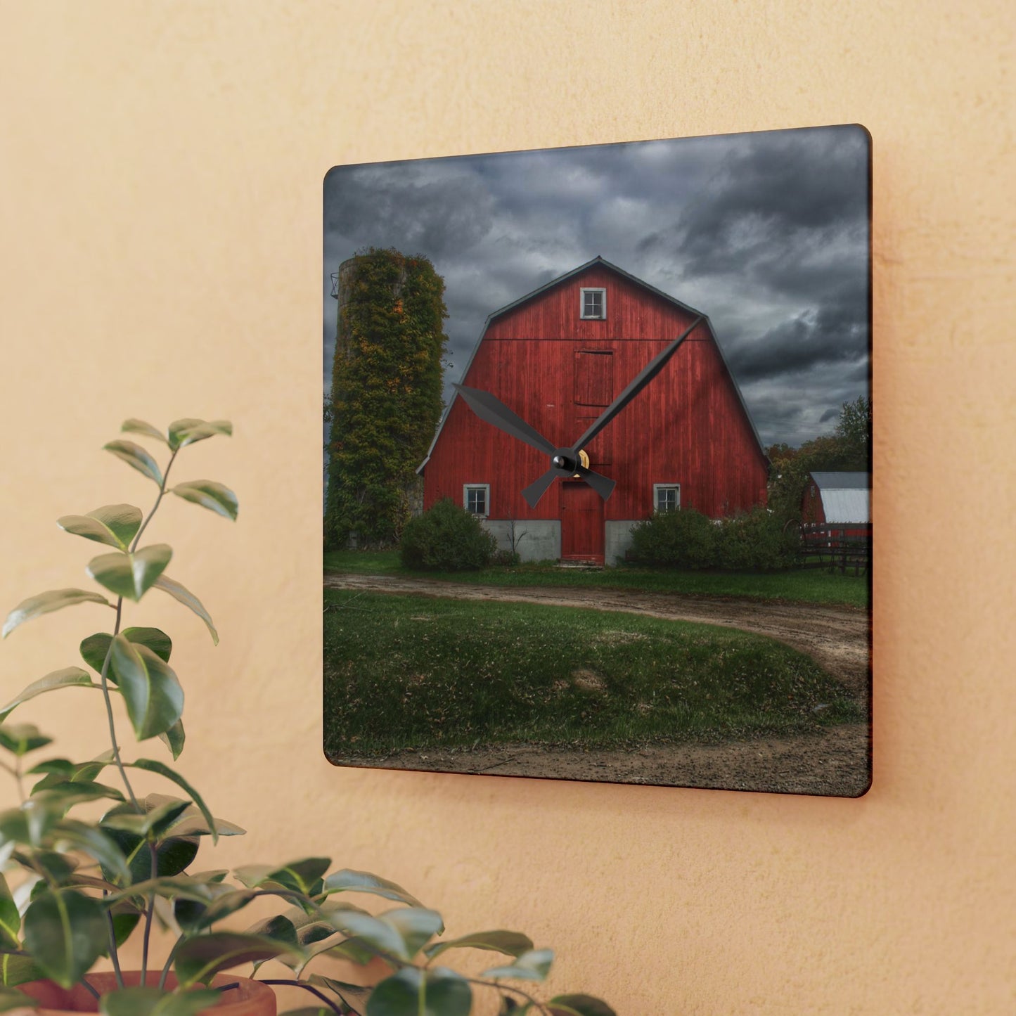 U R There Photography Horton Road Red and Silo Rustic Farmhouse Acrylic Analog Wall Clock