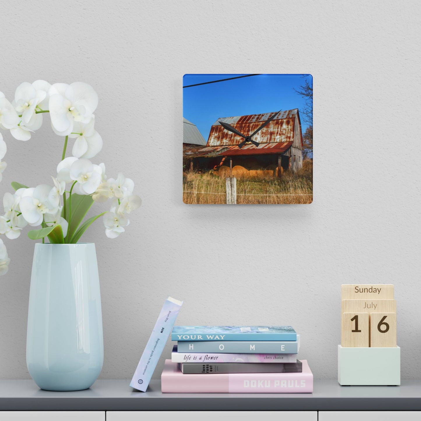 U R There Photography Dodge Road Hay Barn II Rustic Farmhouse Acrylic Analog Wall Clock
