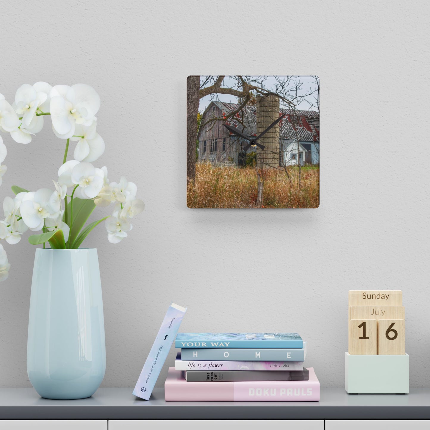 U R There Photography Hill Road Roadside Grey I Rustic Farmhouse Acrylic Analog Wall Clock