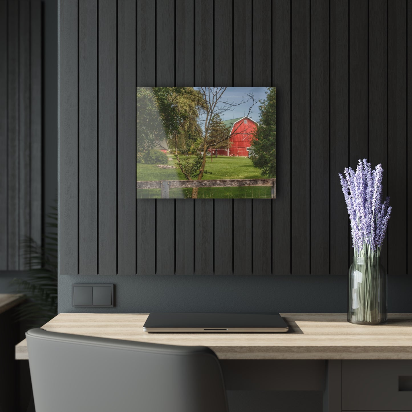 U R There Photography Roadside Red Beyond the Fence Rustic Farmhouse Acrylic Wall Print
