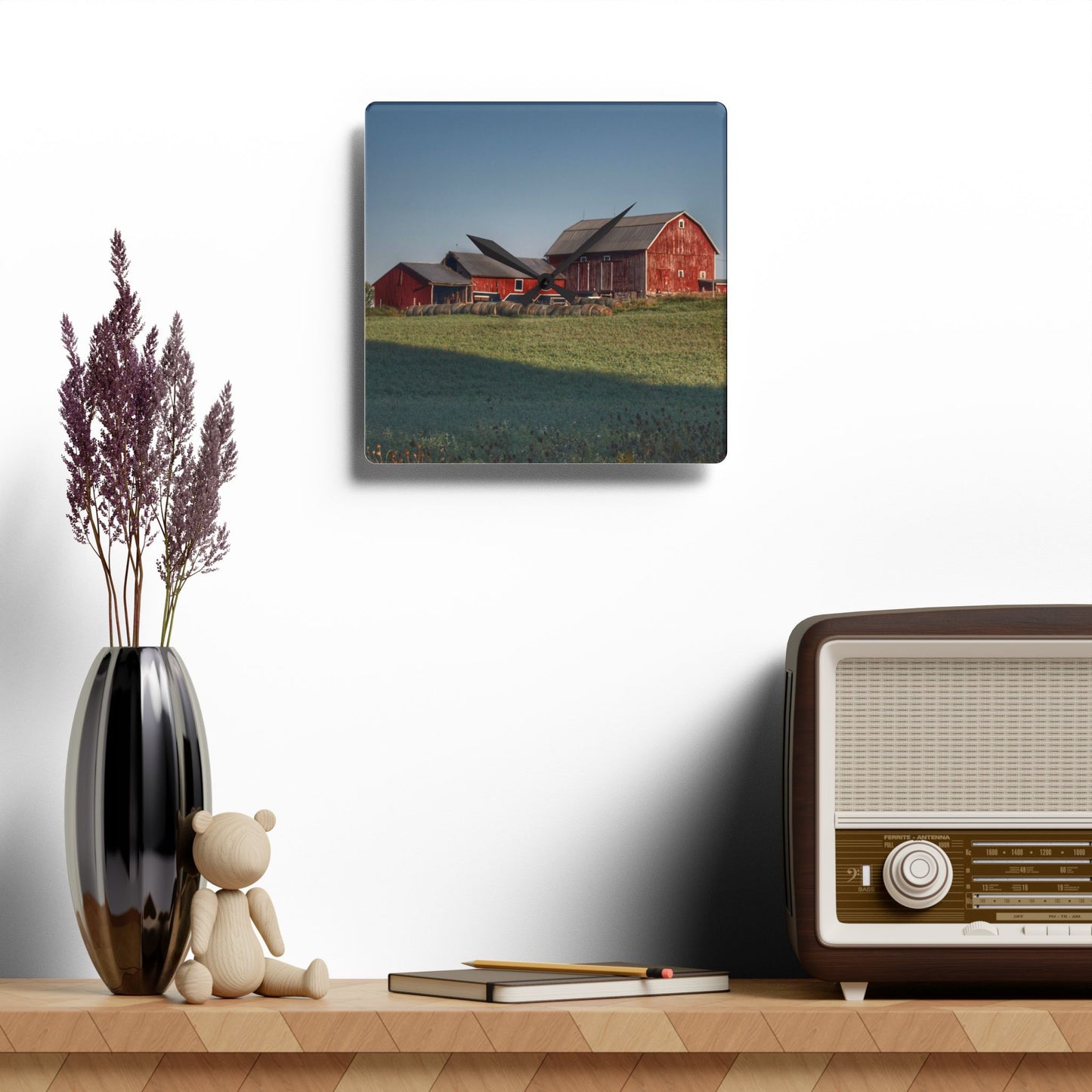 Rustic Farmhouse Wall Clock featuring Across the Field in Millington