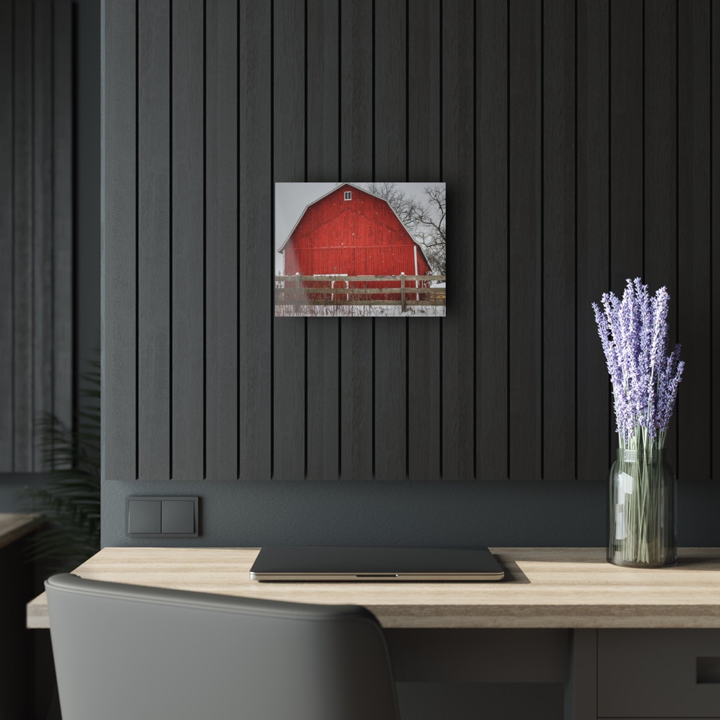 U R There Photography Big Red Beyond the Fence Rustic Farmhouse Acrylic Wall Print