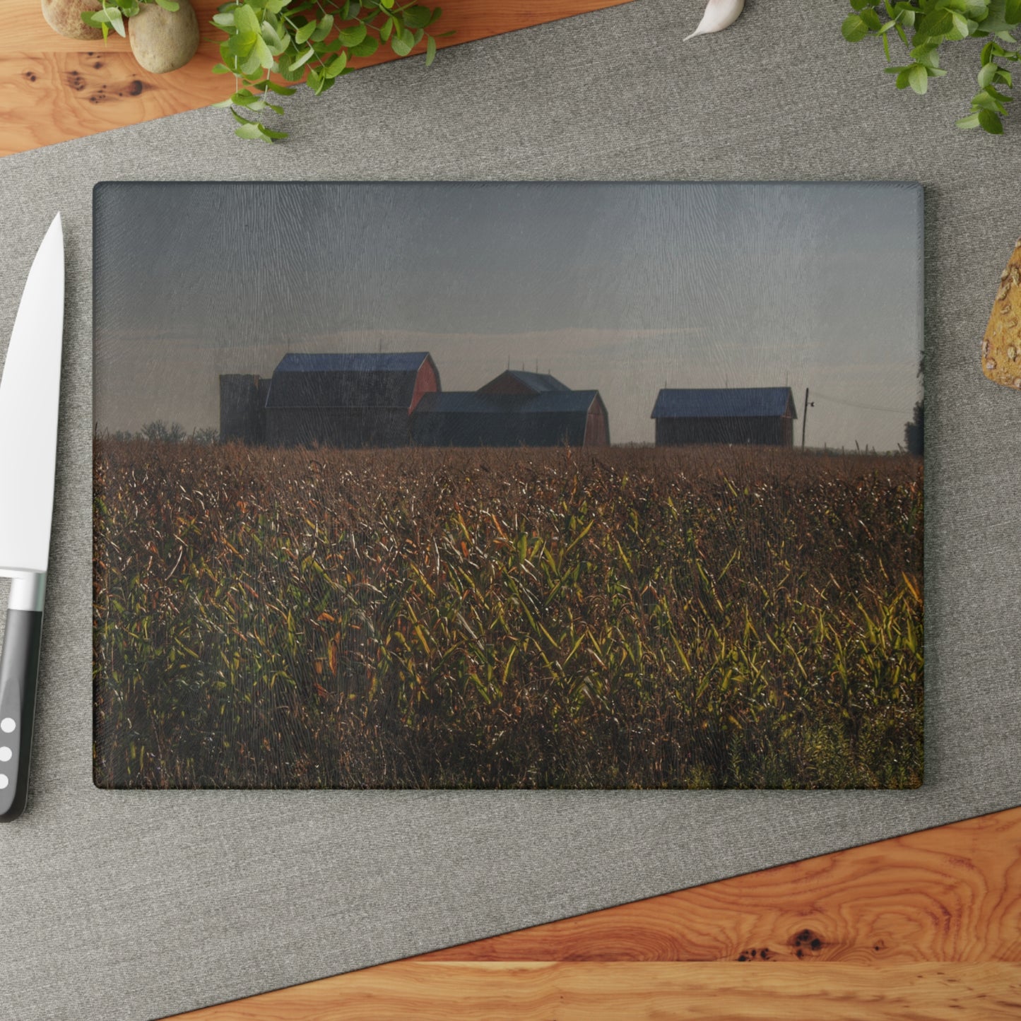 U R There Photography Slattery Road Farm and Cornfield I Rustic Farmhouse Tempered-Glass Cutting Board