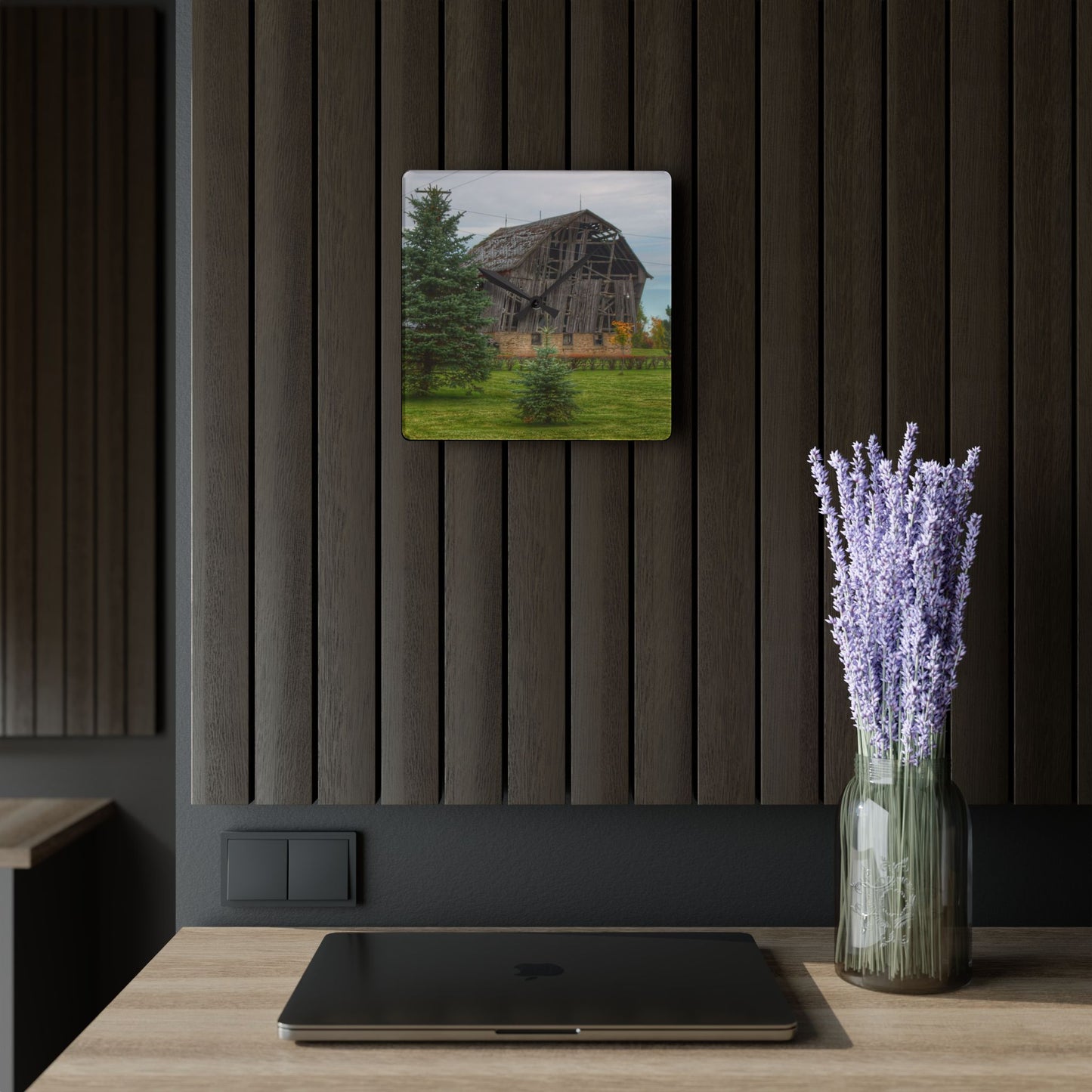 U R There Photography Rich Road Falling Grey I Rustic Farmhouse Acrylic Analog Wall Clock