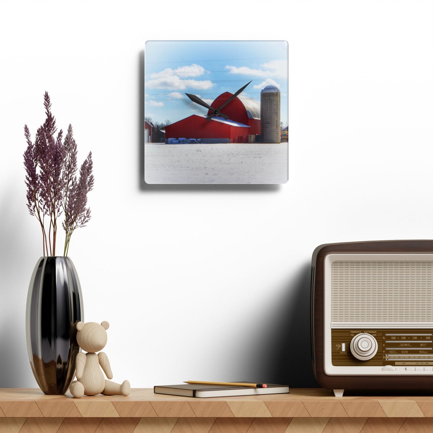 U R There Photography Barnes Road Reds Rustic Farmhouse Acrylic Analog Wall Clock