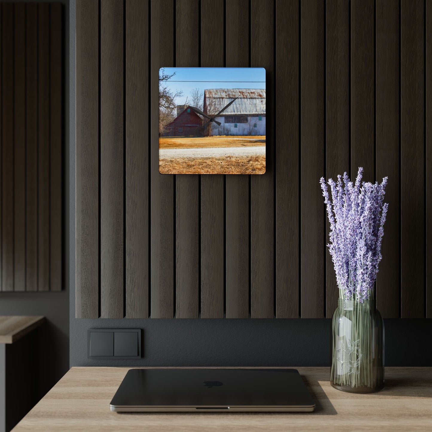 U R There Photography Indian Trail Rusted Reds II Rustic Farmhouse Acrylic Analog Wall Clock
