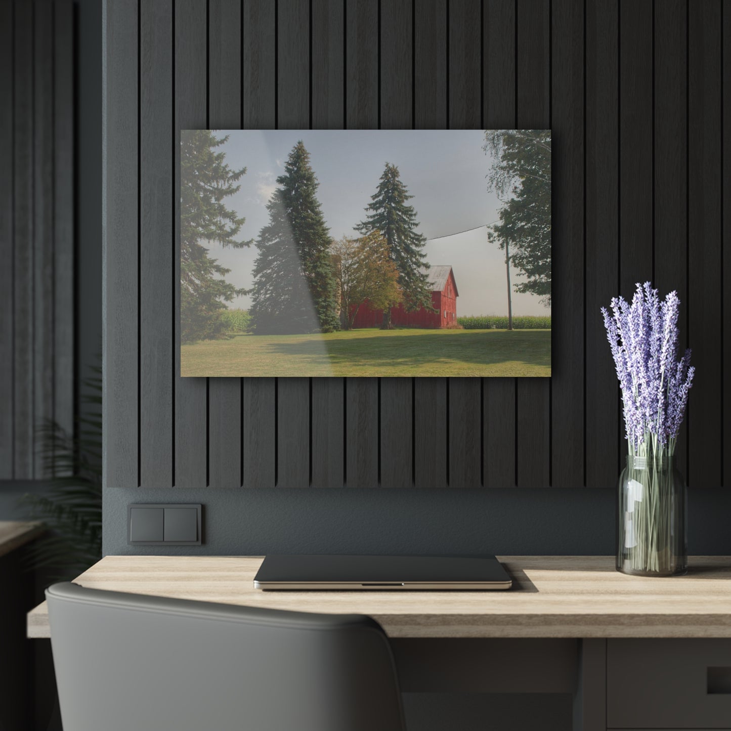 U R There Photography Small Red Barn Beneath the Pines Rustic Farmhouse Acrylic Wall Print