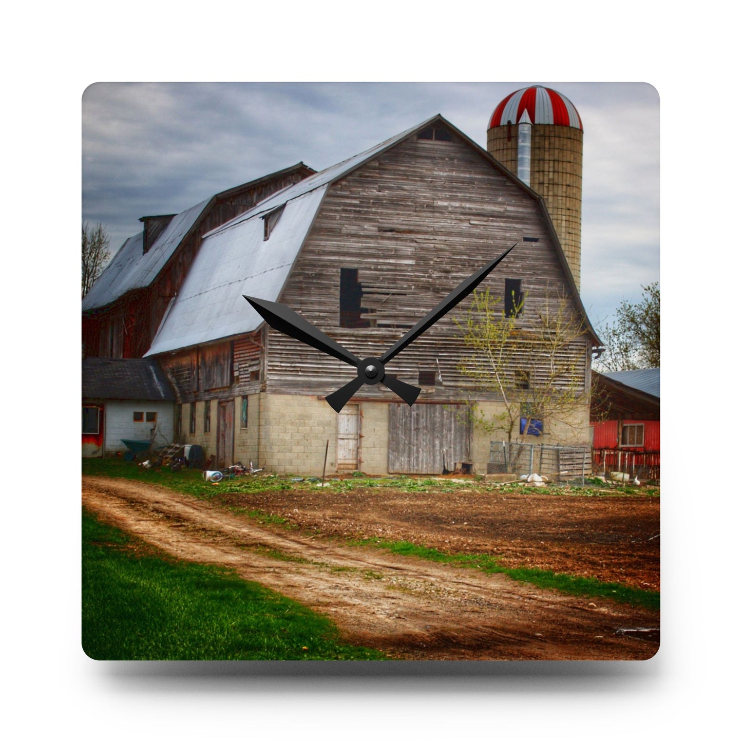 U R There Photography Murphy Lake Road Grey l Rustic Farmhouse Acrylic Analog Wall Clock