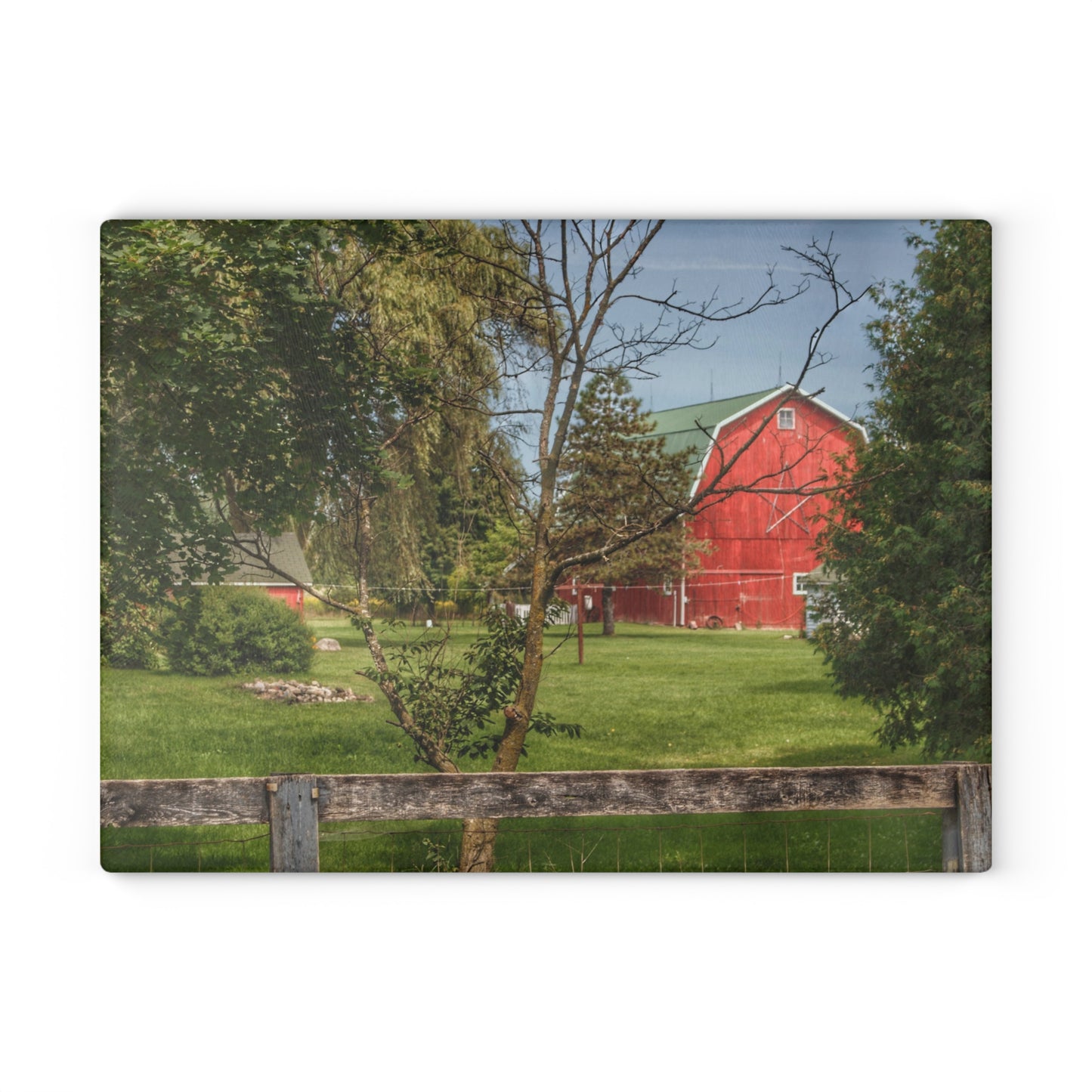 U R There Photography Roadside Red Beyond the Fence Rustic Farmhouse Tempered-Glass Cutting Board